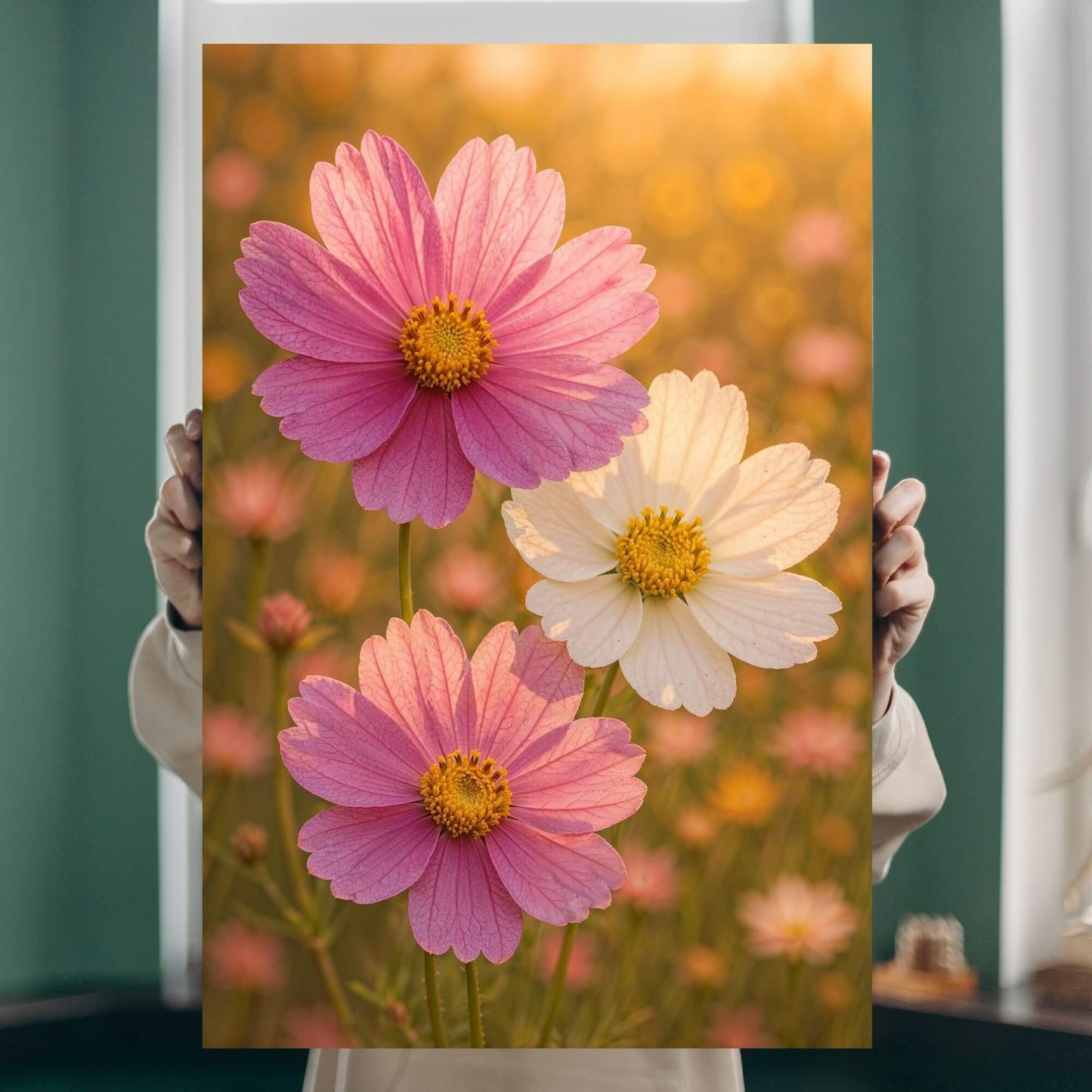 Person holding a floral nature canvas print of a pink and white cosmos flower field.