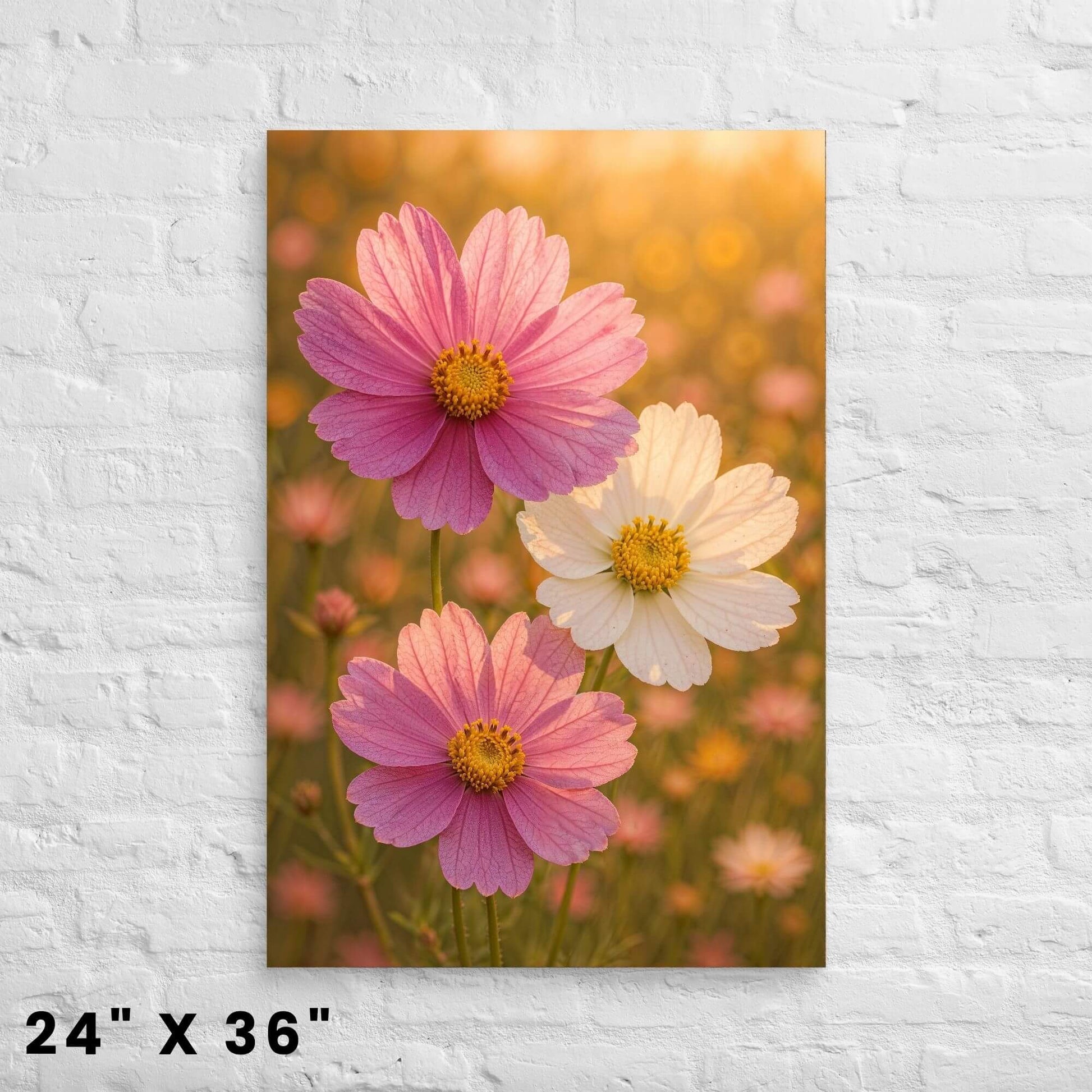 24"x36" floral nature canvas print featuring a large field of pink and white cosmos flowers, hanging
on a white brick wall.