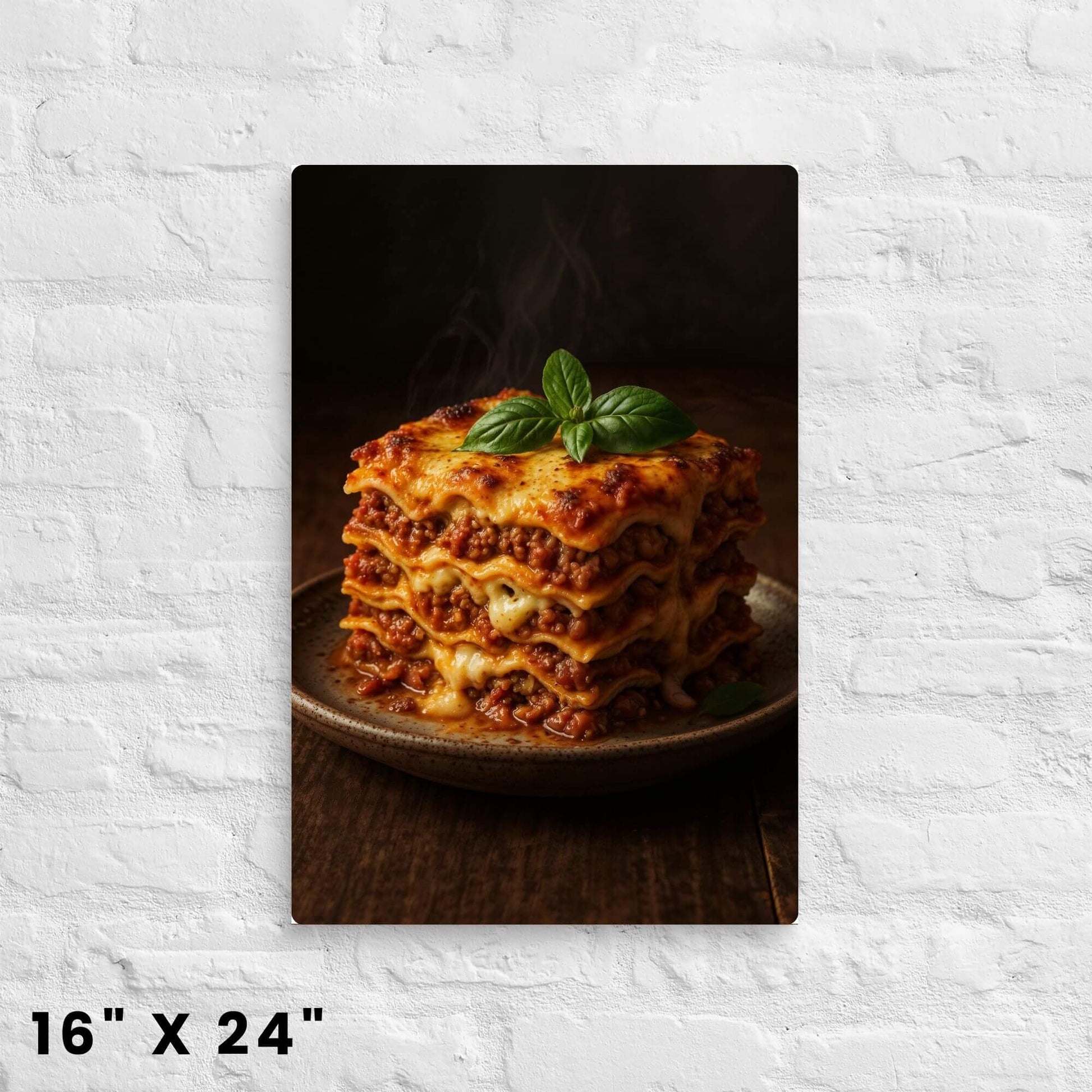 Lasagna canvas wall art (16x24 inches) featuring delicious Italian food, mounted on a brick wall.