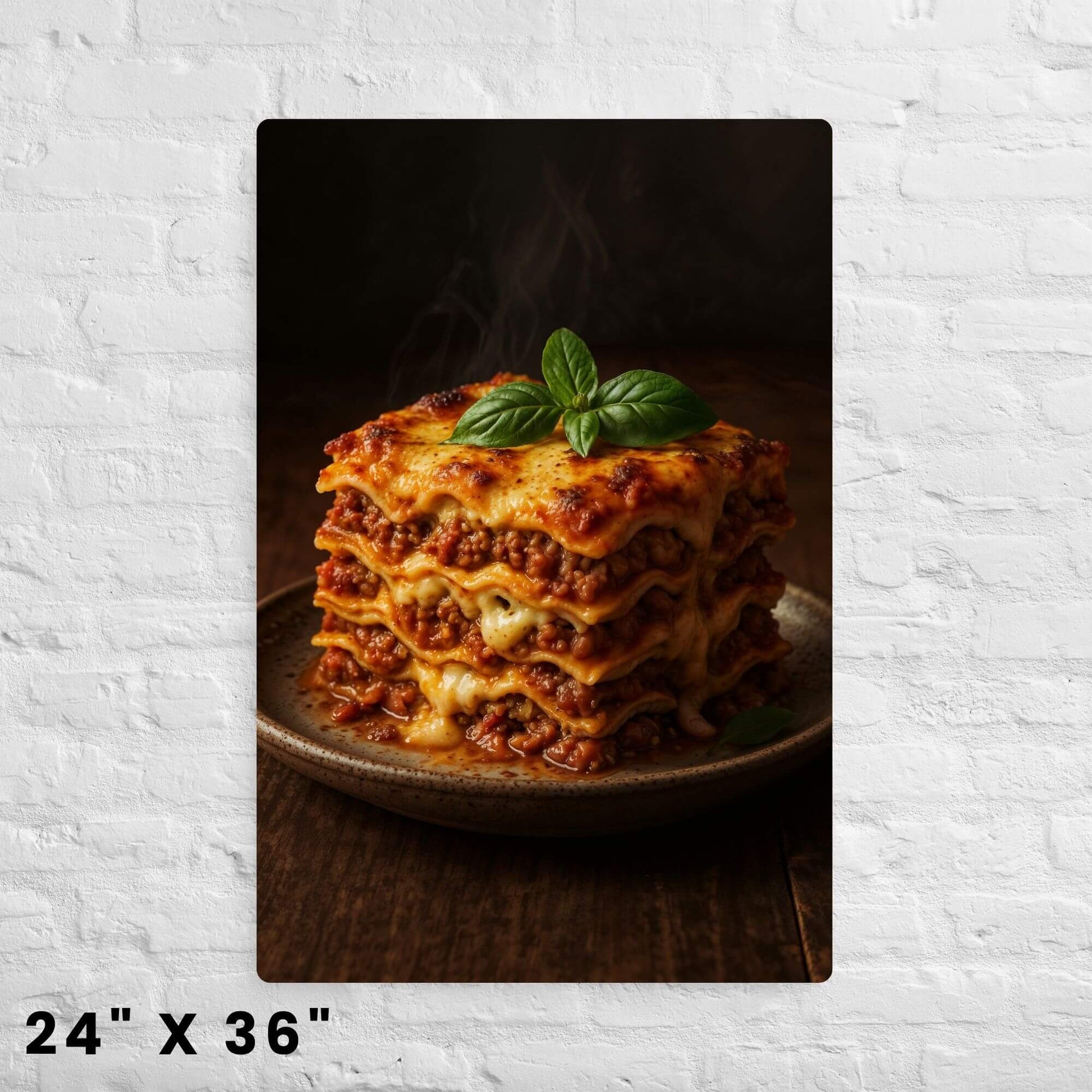 Food art canvas print sized 24x36 inches: close-up of a steaming lasagna on a plate, on a brick background.