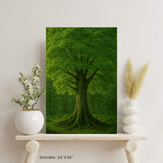 24"x36" canvas print featuring a lush green tree with exposed roots in a forest, displayed on a
wooden shelf with decorative vases.