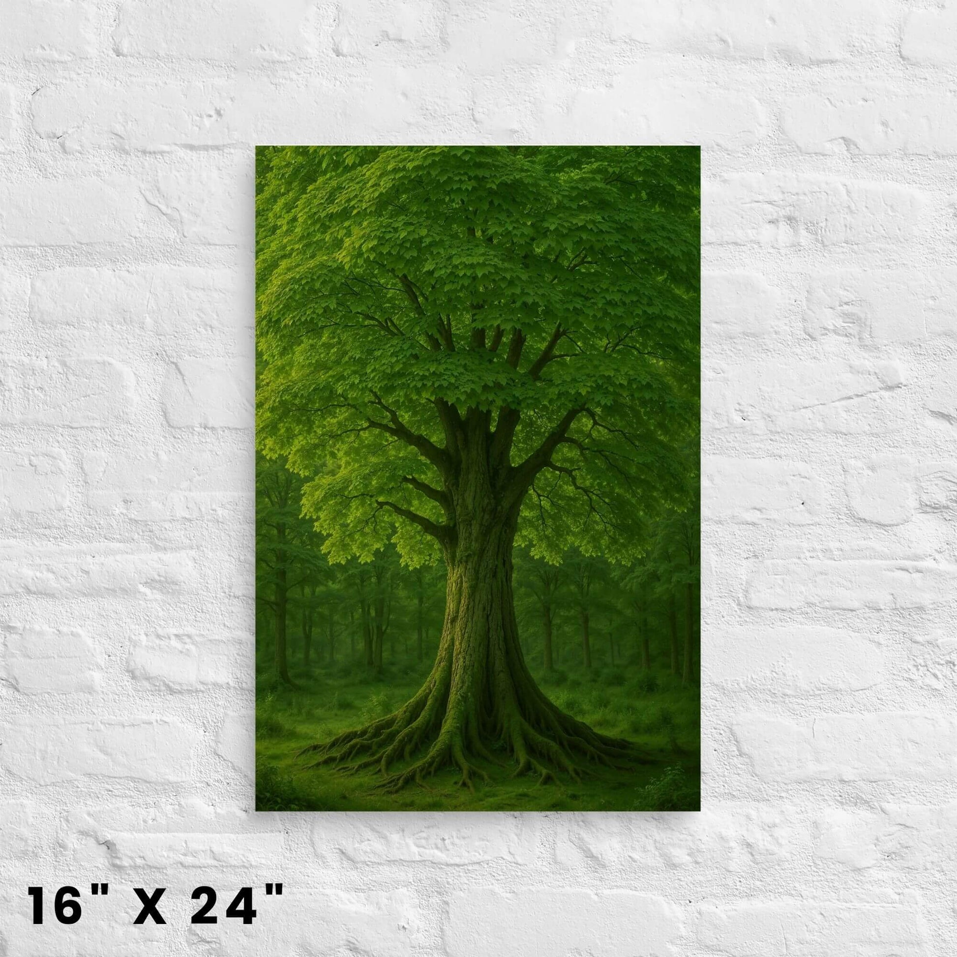 16"x24" canvas print featuring a vibrant green tree with tangled roots in a forest, displayed on a
white brick wall.
