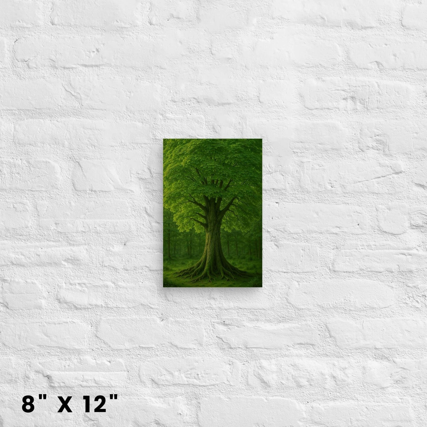 8"x12" canvas print showcasing a green tree with detailed roots in a forest, hanging on a white
brick wall.