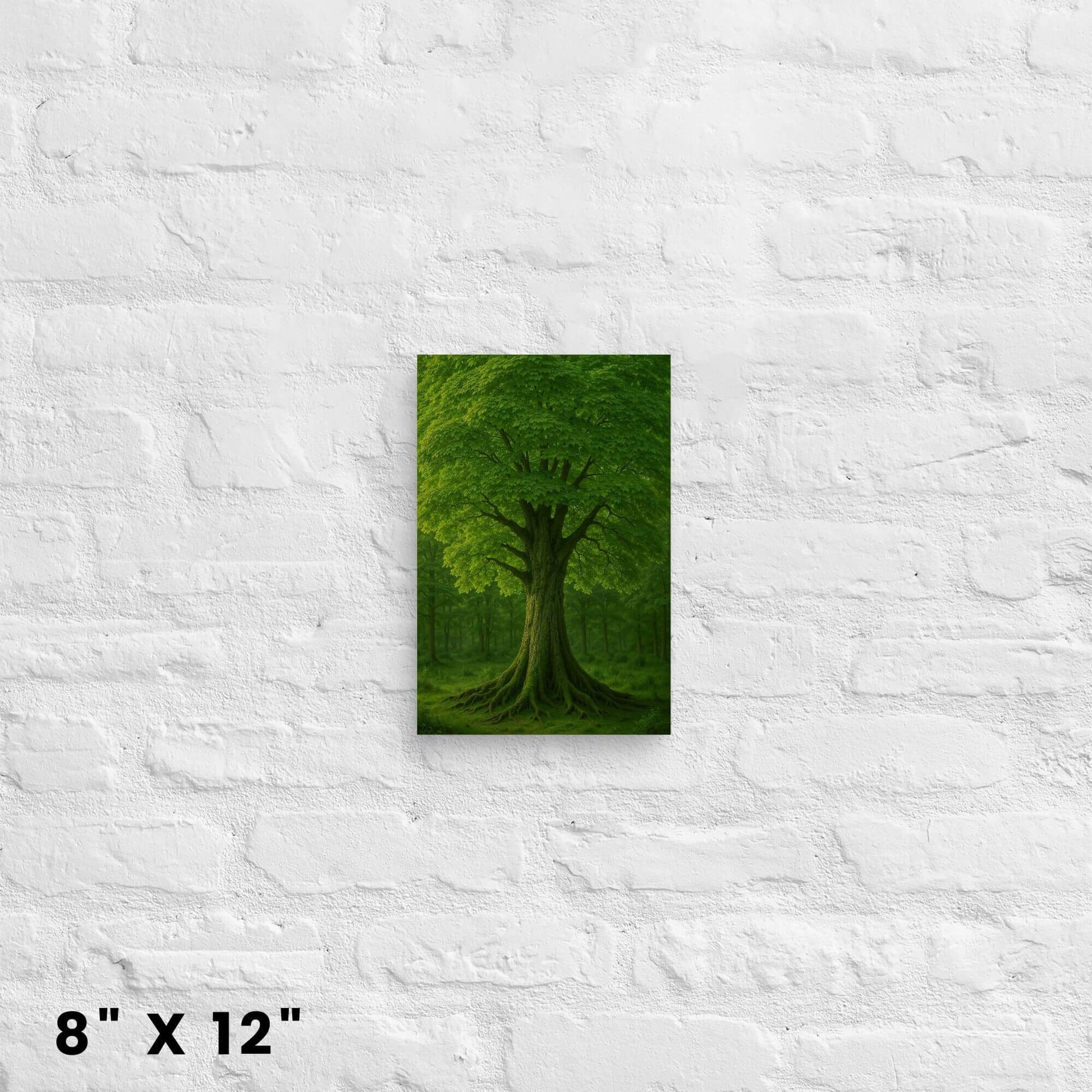 8"x12" canvas print showcasing a green tree with detailed roots in a forest, hanging on a white
brick wall.