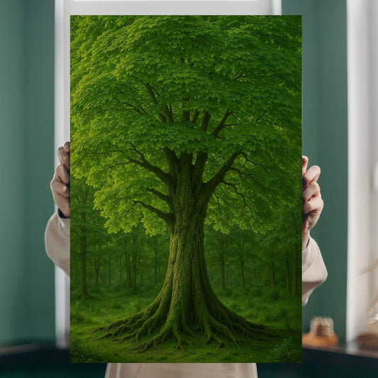 A person holding a large canvas print of a green tree with prominent roots in a forest, showing the
scale of the artwork.