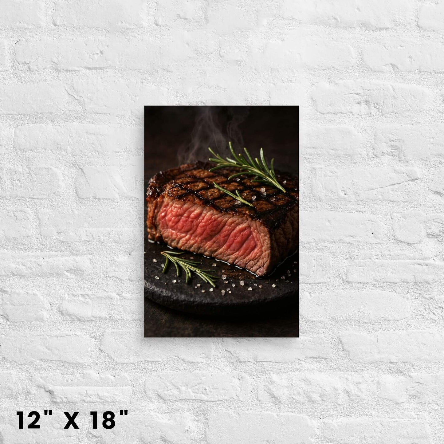 12 × 18-inch succulent grilled steak and
rosemary canvas art accent on a bright white-brick wall.