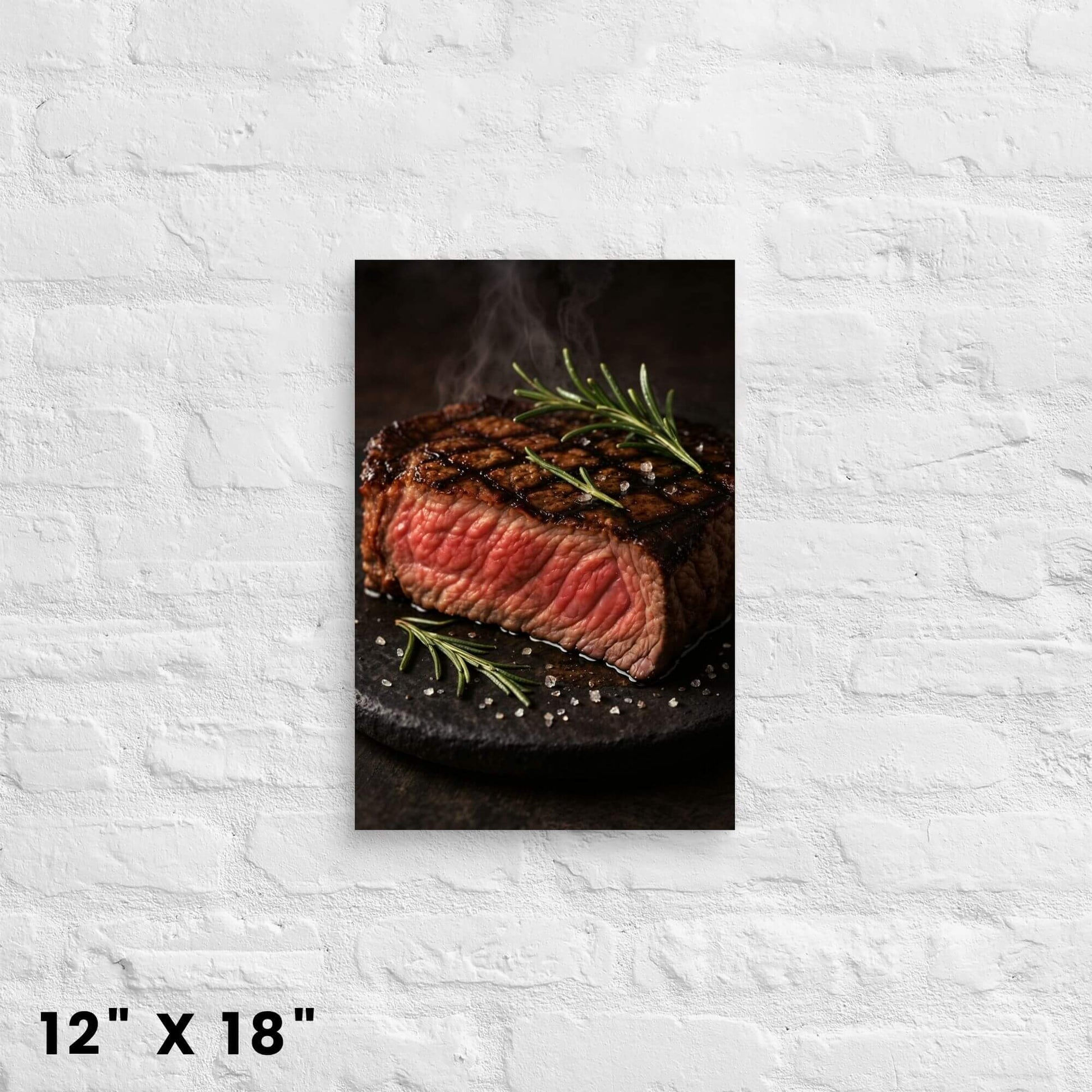 12 × 18-inch succulent grilled steak and
rosemary canvas art accent on a bright white-brick wall.