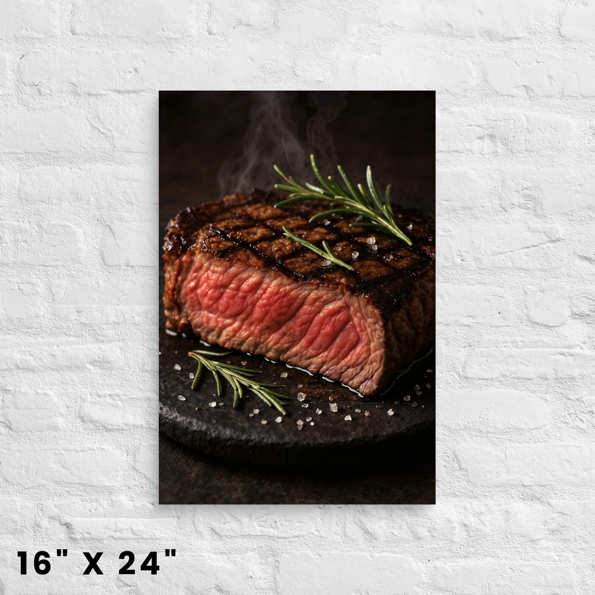 16 × 24-inch mouth-watering medium-rare steak canvas wall art with fresh rosemary garnish against a bright white-brick backdrop.