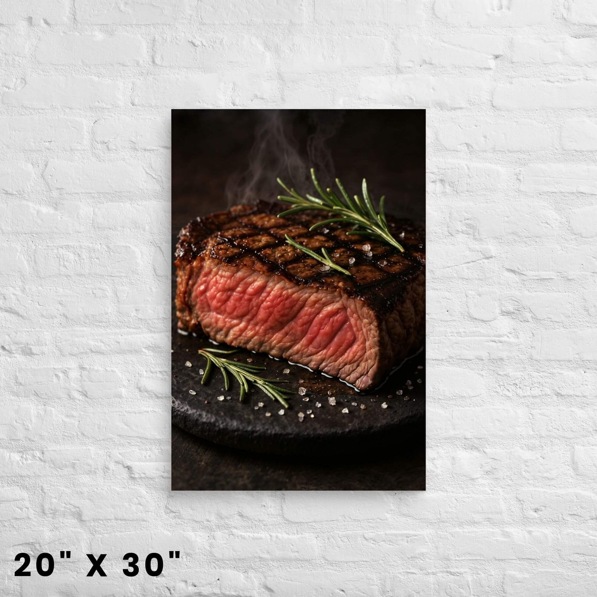 20 × 30-inch sizzling seared rib-eye steak canvas print, steam rising over coarse sea salt, hung on a clean white-brick wall.