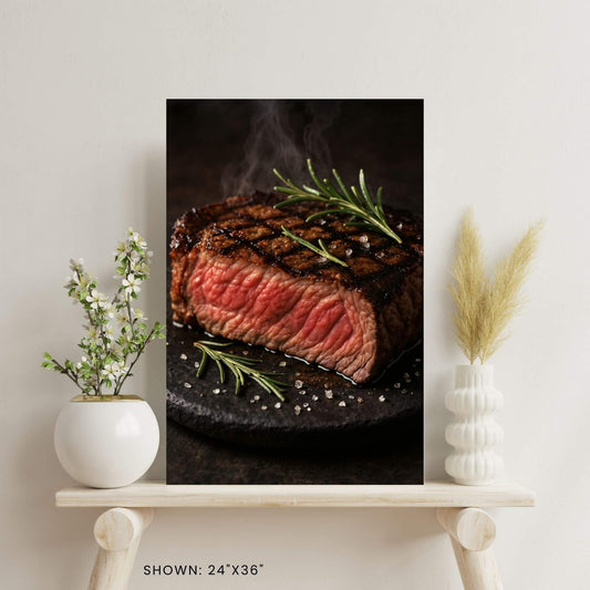 24 × 36-inch grilled steak canvas print
styled on a minimalist shelf with ceramic vase florals and pampas grass for modern kitchen
décor.