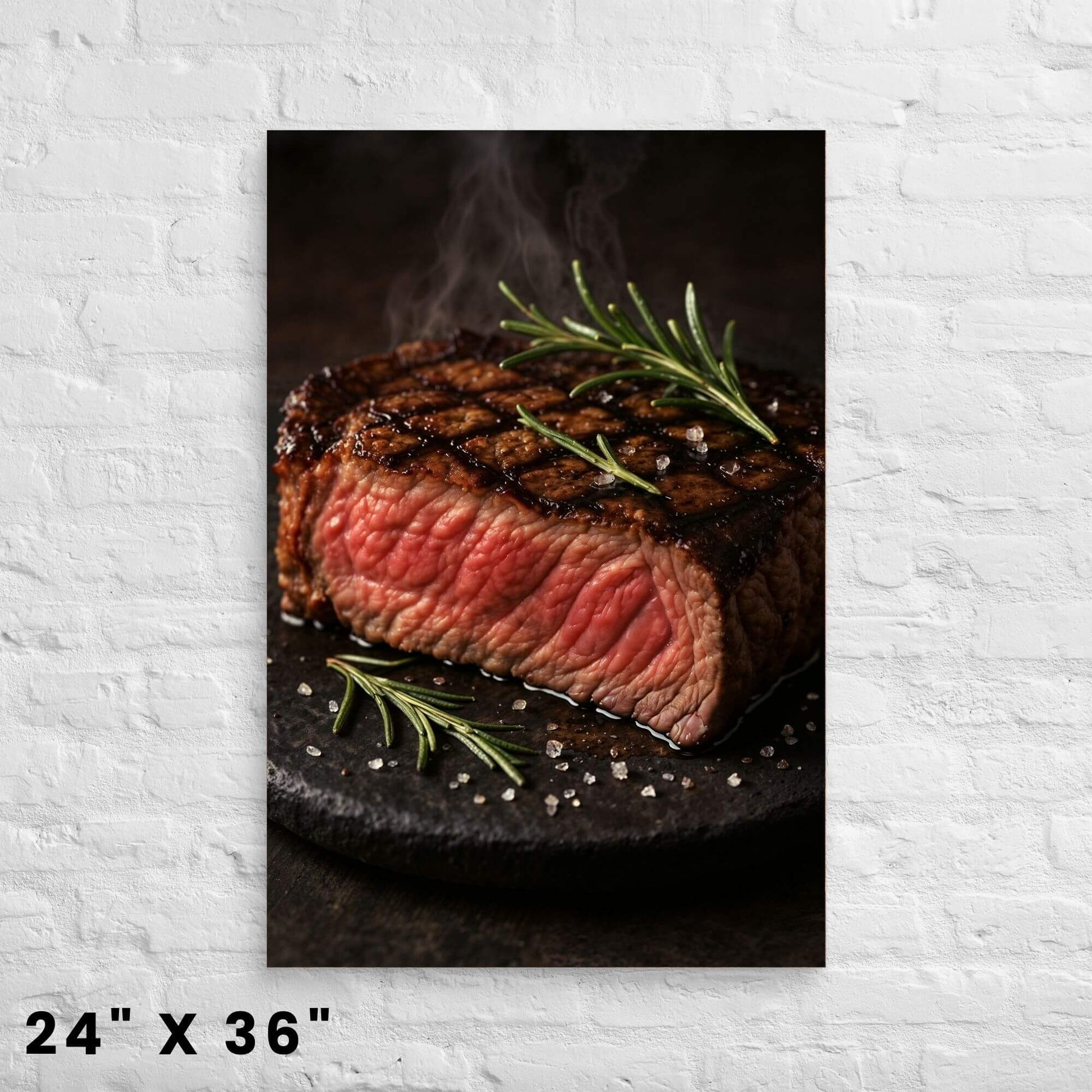 24 × 36-inch juicy grilled steak canvas print with rosemary sprigs and sea salt, showcased on a crisp white-brick wall.
