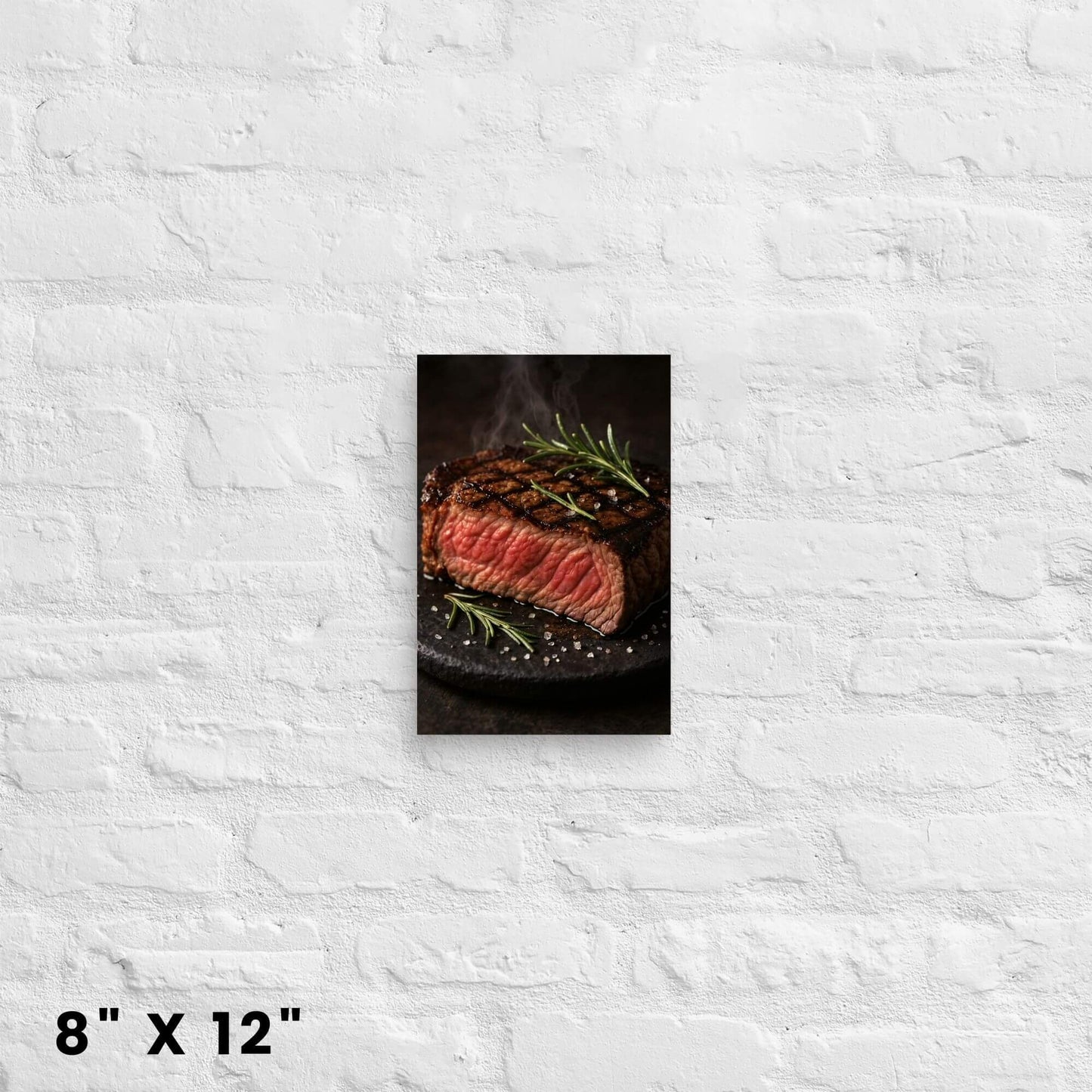 8 × 12-inch mini steak canvas featuring juicy seared meat and herbs on a rustic plate against a white-brick backdrop.