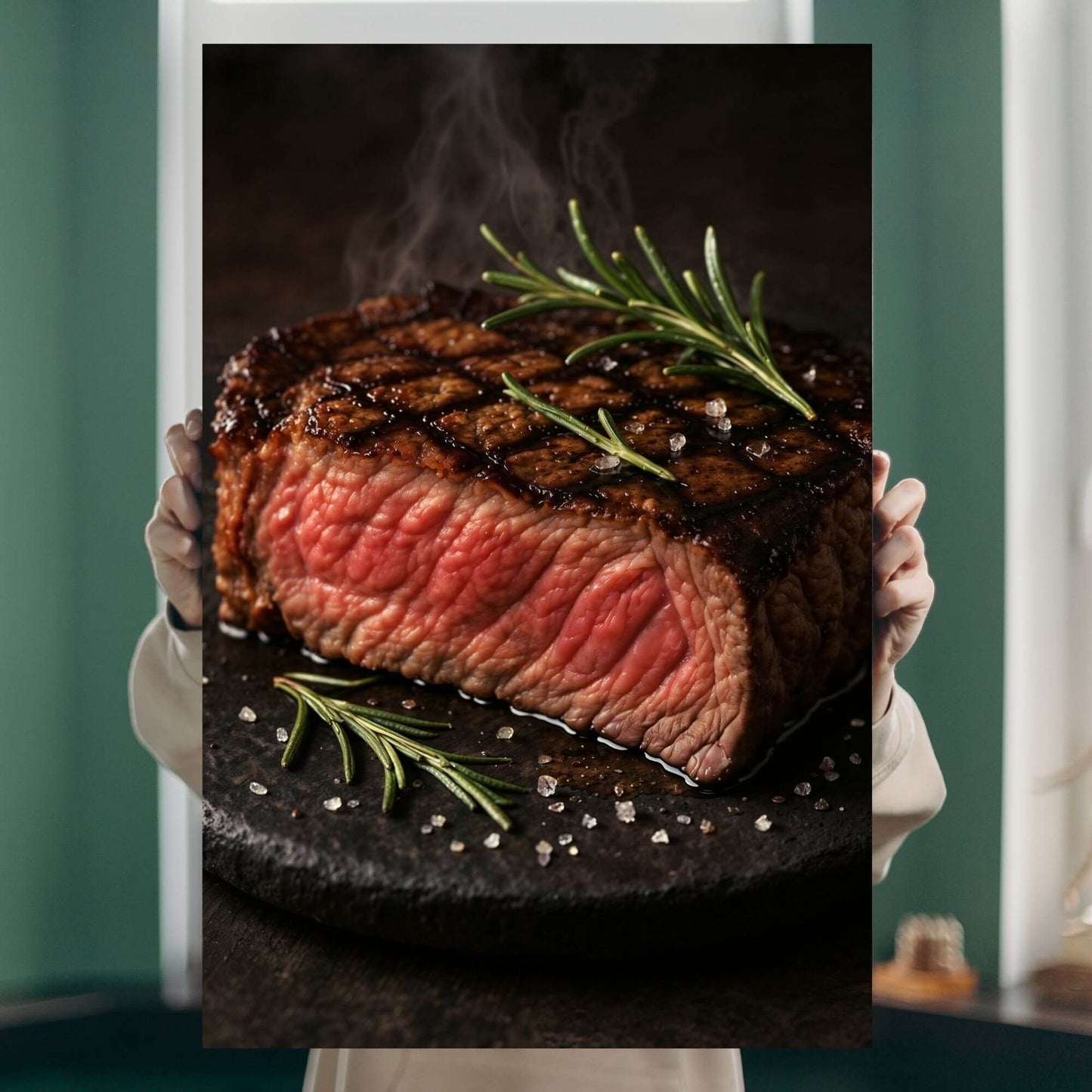 Person holding a vivid grilled steak canvas print to show real-life scale, detail, and rich color depth.
