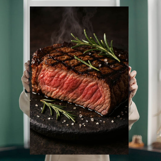 Person holding a vivid grilled steak canvas print to show real-life scale, detail, and rich color depth.