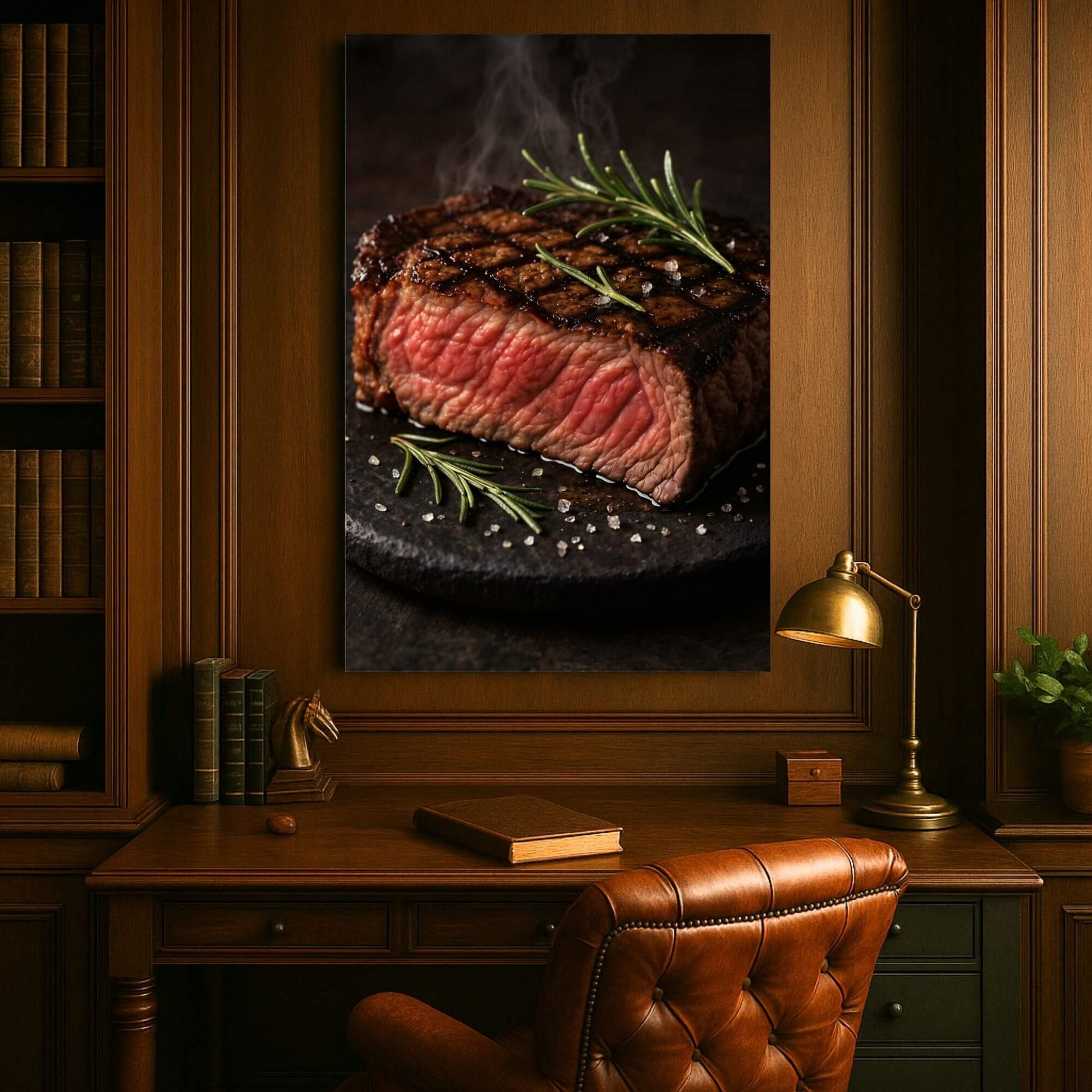 Large gourmet steak canvas art adding rich culinary warmth to a classic wood-paneled study above a vintage leather desk.