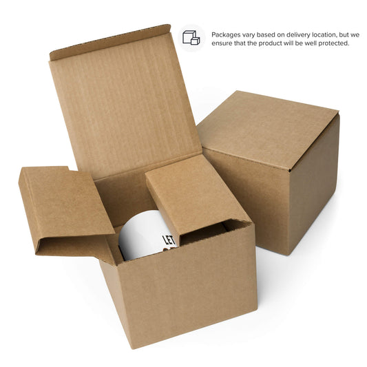 Let's Get Gritty" white ceramic mug shown in its protective cardboard shipping box.