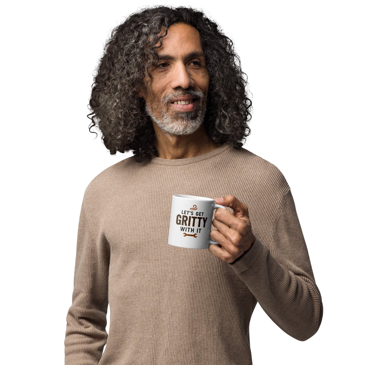Model holding the Grit Collective "Let's Get Gritty With It" wrench design white glossy ceramic coffee mug.