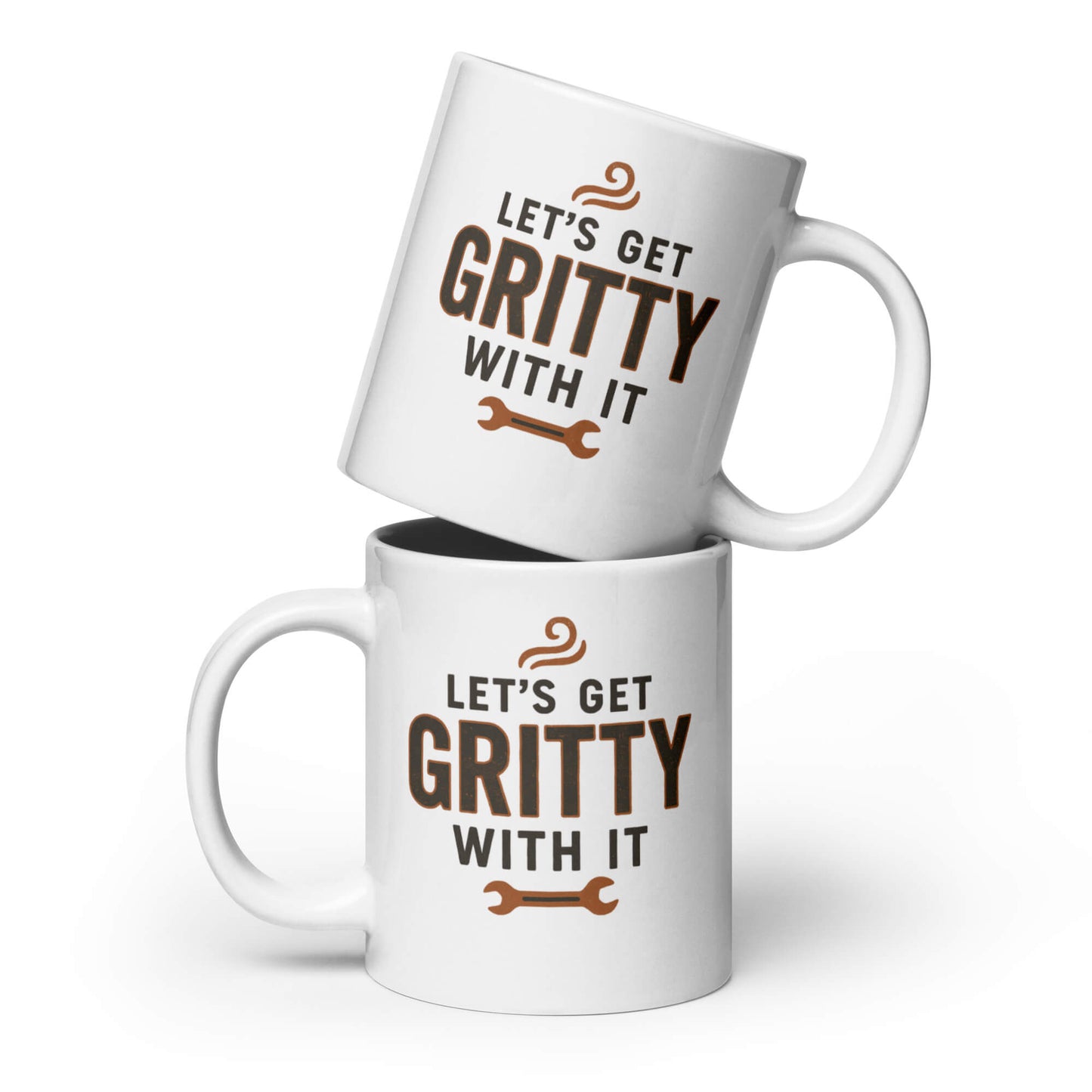 Let's Get Gritty With It" wrench design white glossy ceramic coffee mugs stacked.