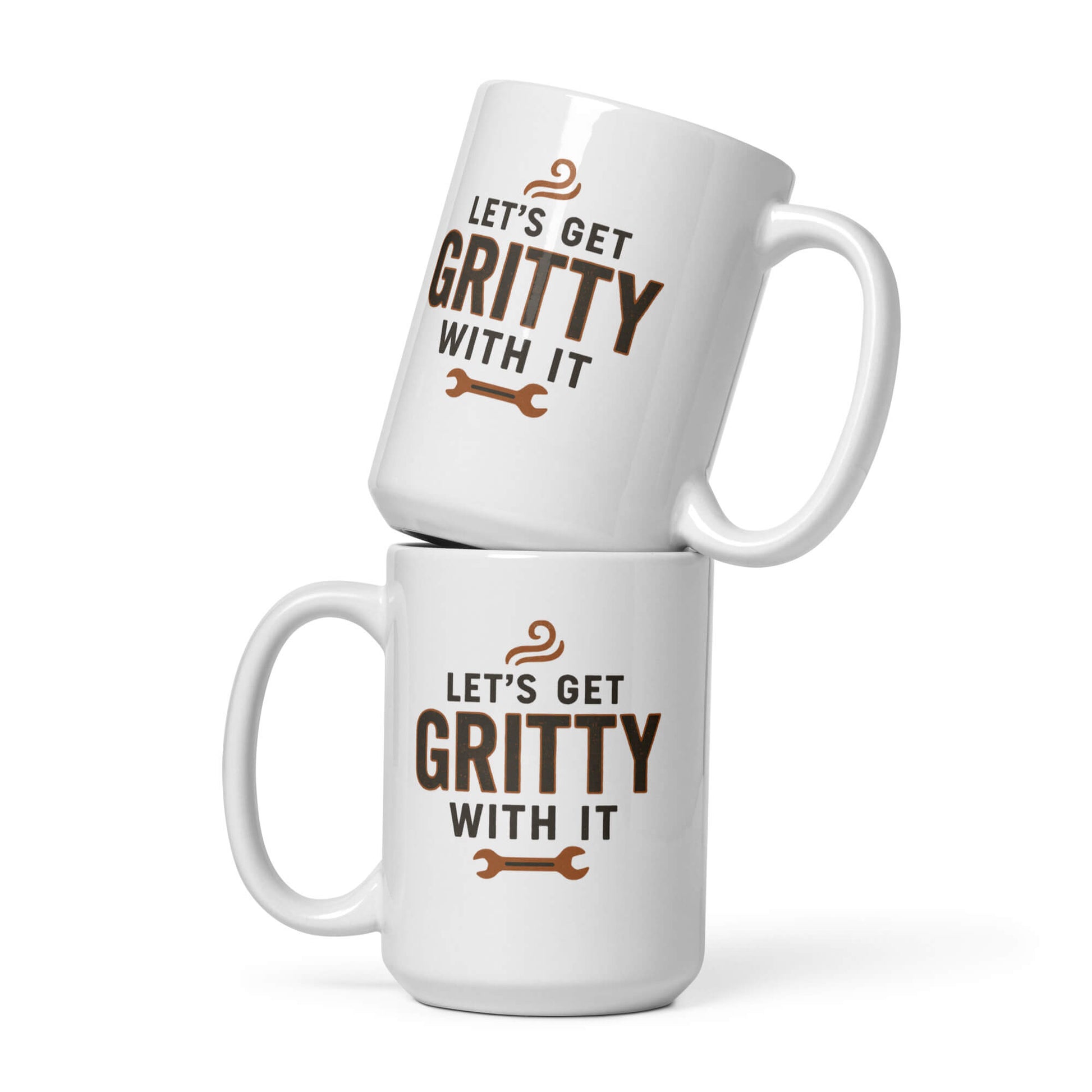 Let's Get Gritty With It" wrench design white glossy ceramic coffee mugs stacked.