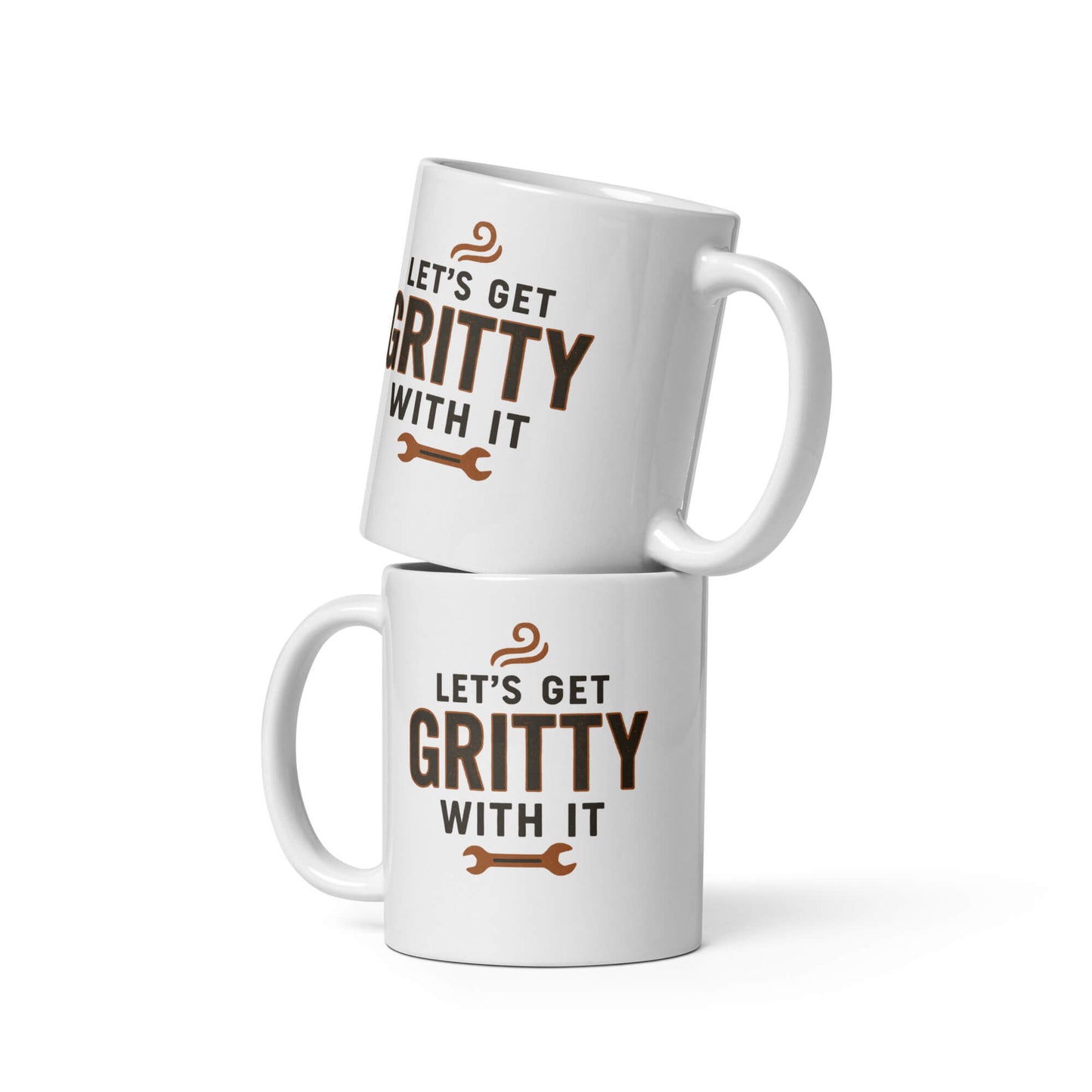 Two Grit Collective "Let's Get Gritty With It" wrench design white glossy ceramic coffee mugs of different sizes stacked.
