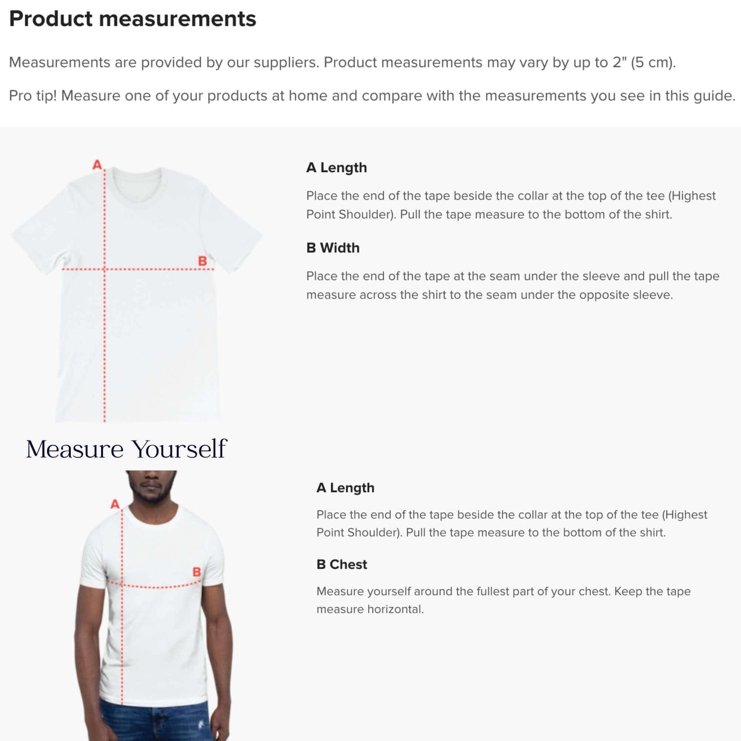 t-shirt product measurement guide and a measure yourself guide for fit.