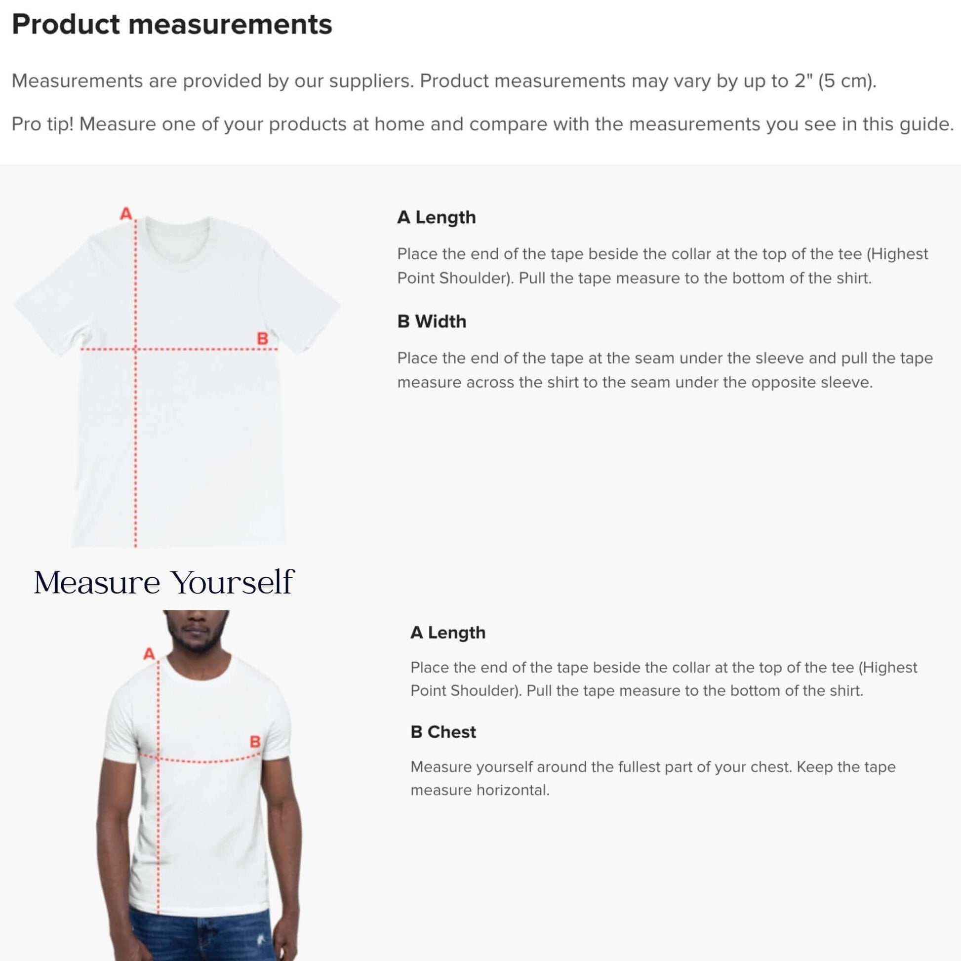 t-shirt product measurement guide and a measure yourself guide for fit.