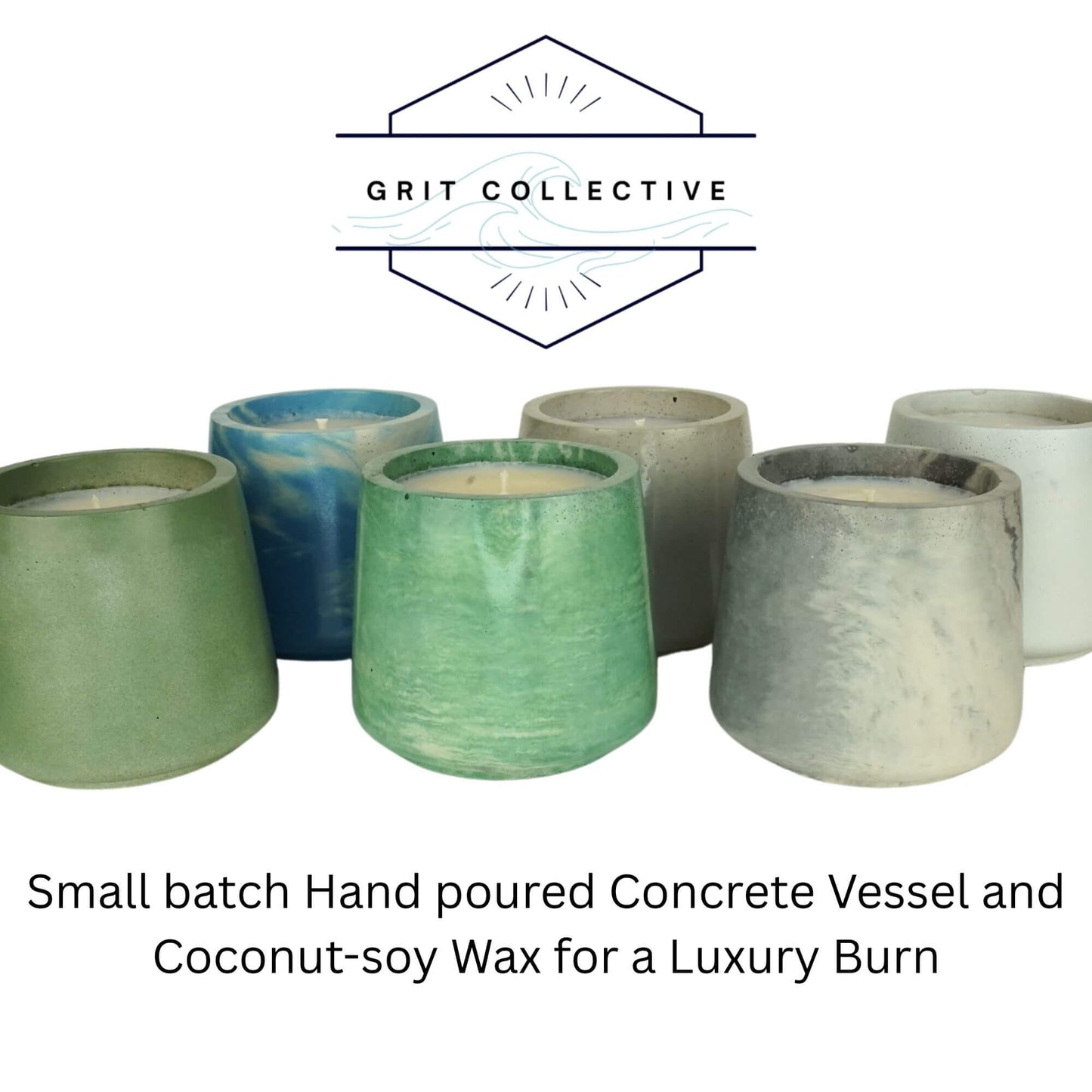 Collection of Grit Collective Sea Stone Concrete Candles in various colors, showcasing the 6oz hand-poured coconut-soy wax candles in unique vessels. Small batch luxury burn.