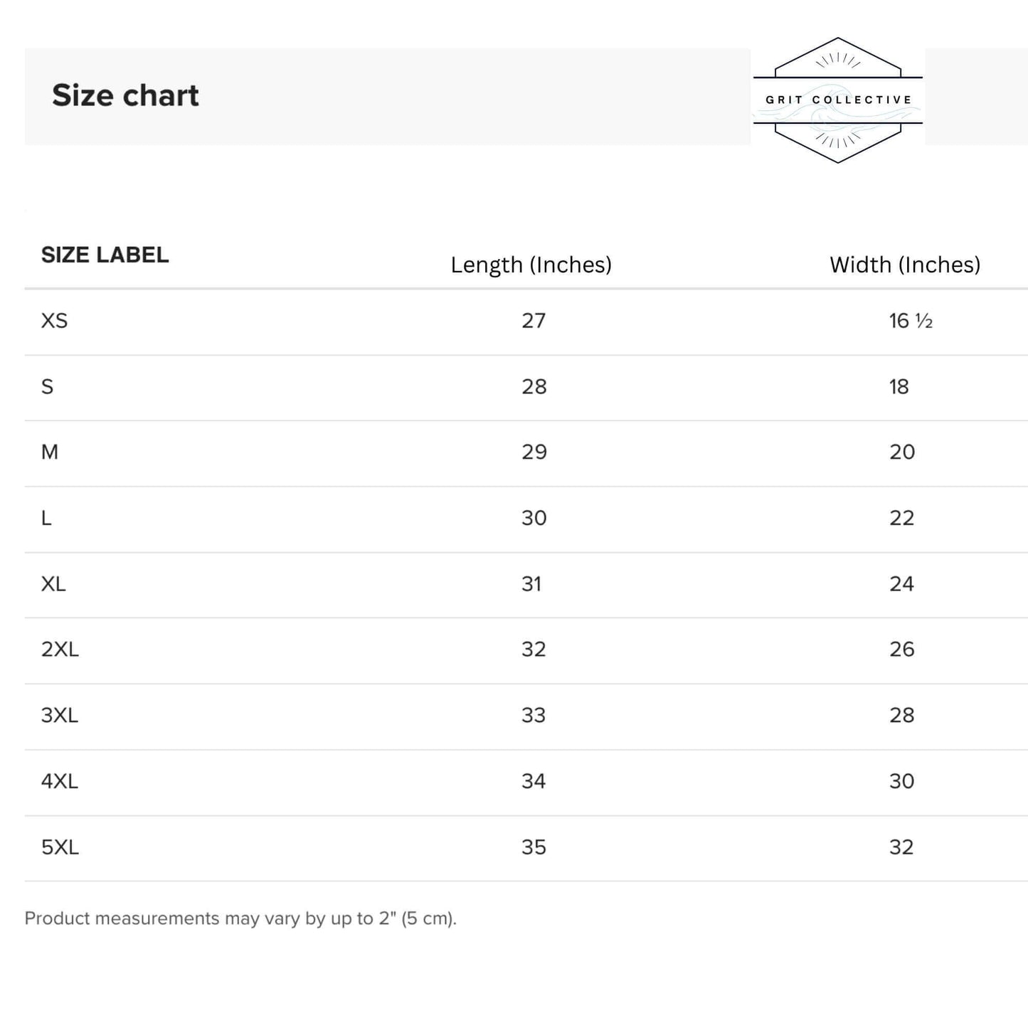 Grit collective t-shirt size guide with product dimensions.