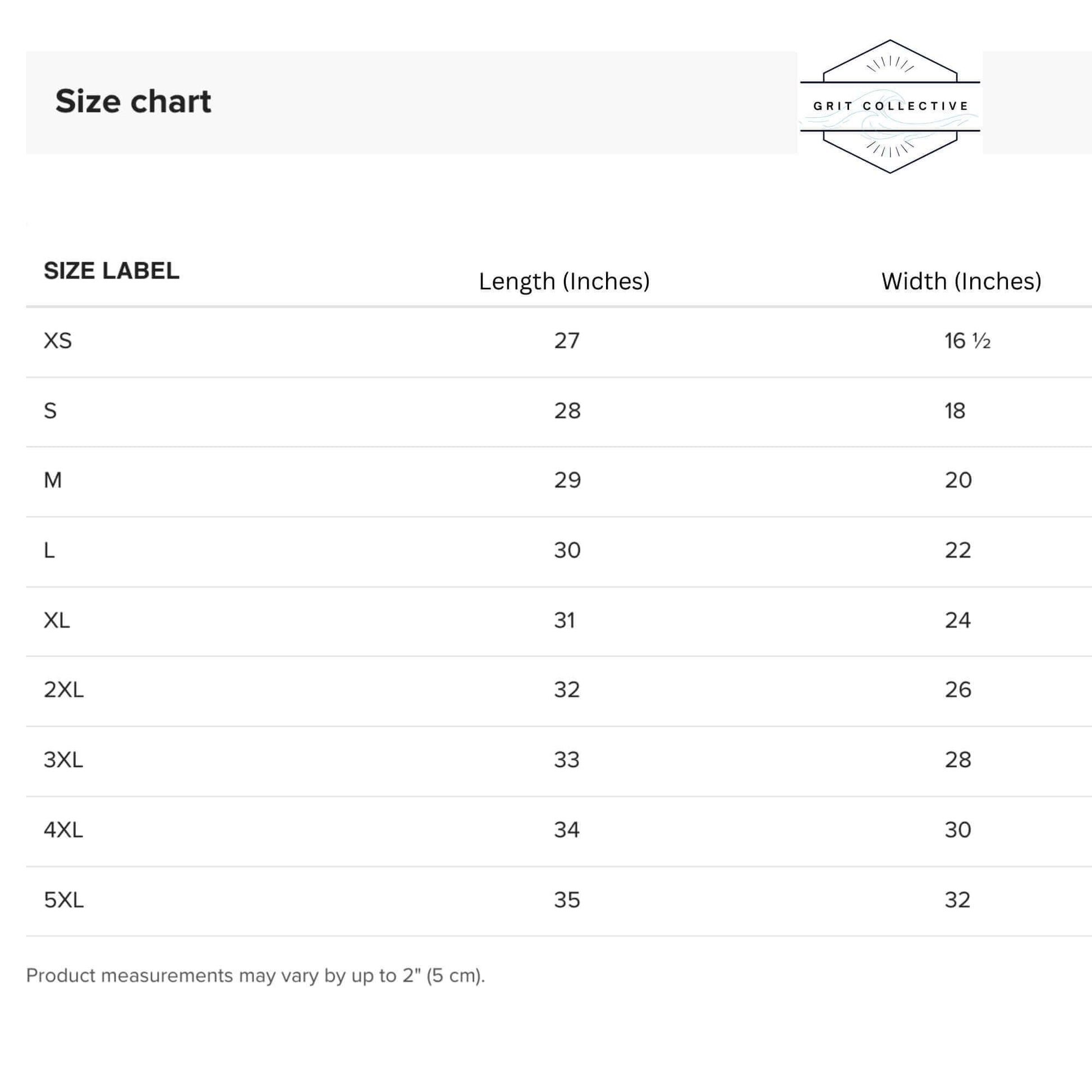 Grit collective t-shirt size guide with product dimensions.