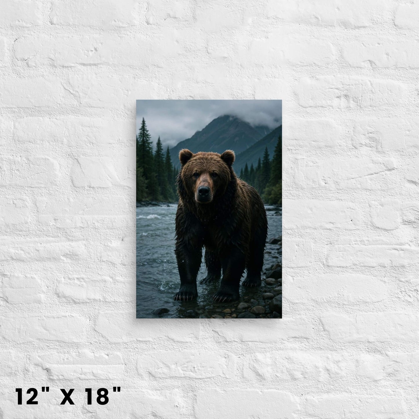 12 × 18-inch grizzly bear in forested river valley canvas wall art accent for nature lovers, shown on white-brick wall.