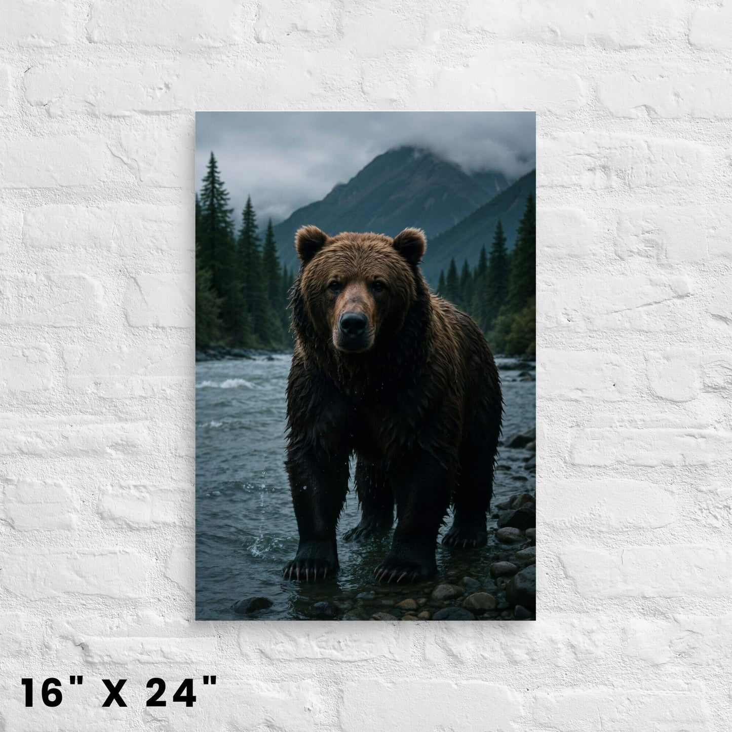 16 × 24-inch mountain river grizzly bear canvas print in cool, moody tones on a white-brick setting.