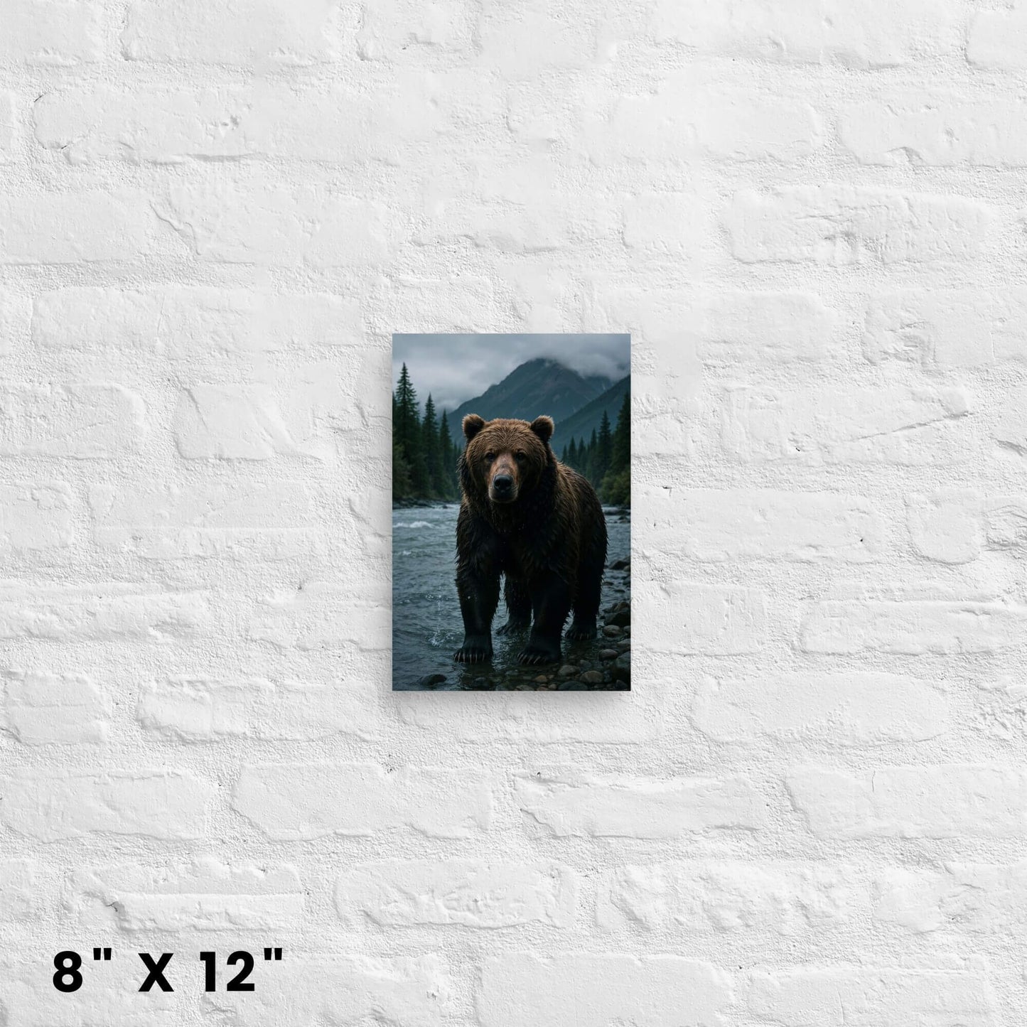 8 × 12-inch mini grizzly bear wilderness canvas print bringing rugged alpine vibes to a white-brick backdrop.