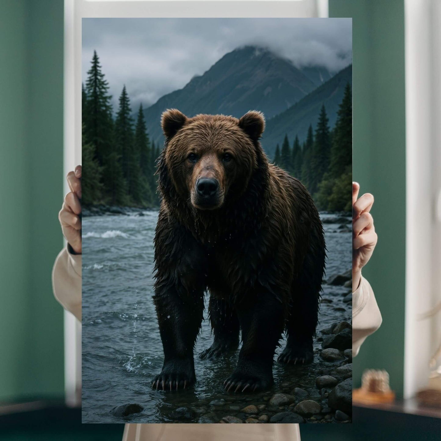 Person holding a vivid grizzly bear mountain river canvas print to demonstrate real-life scale, detail, and earthy color palette.