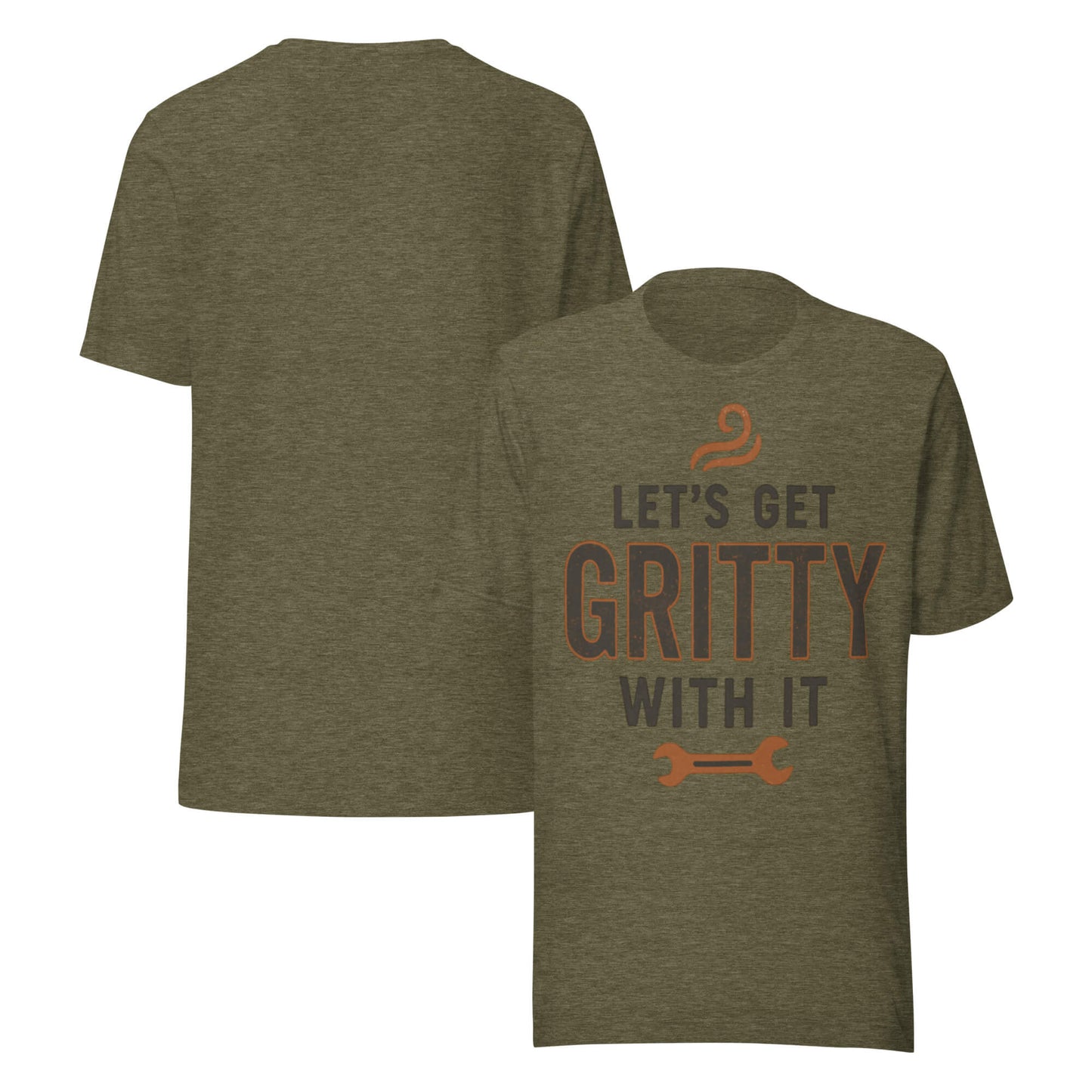 GET GRITTY unisex t-shirt in Heather Olive - front and back view.