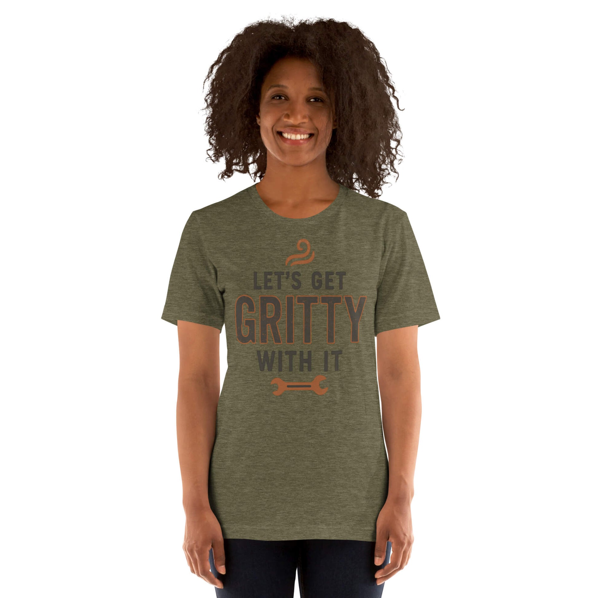 Young woman with LETS GET GRITTY WITH IT unisex t-shirt in Heather Olive - front view.