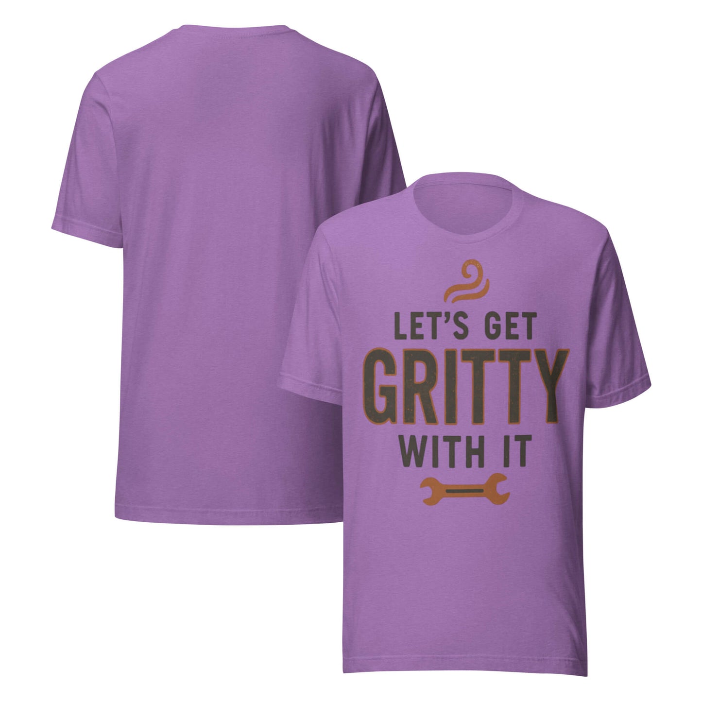 GET GRITTY unisex t-shirt in Heather Team Purple - front and back view.