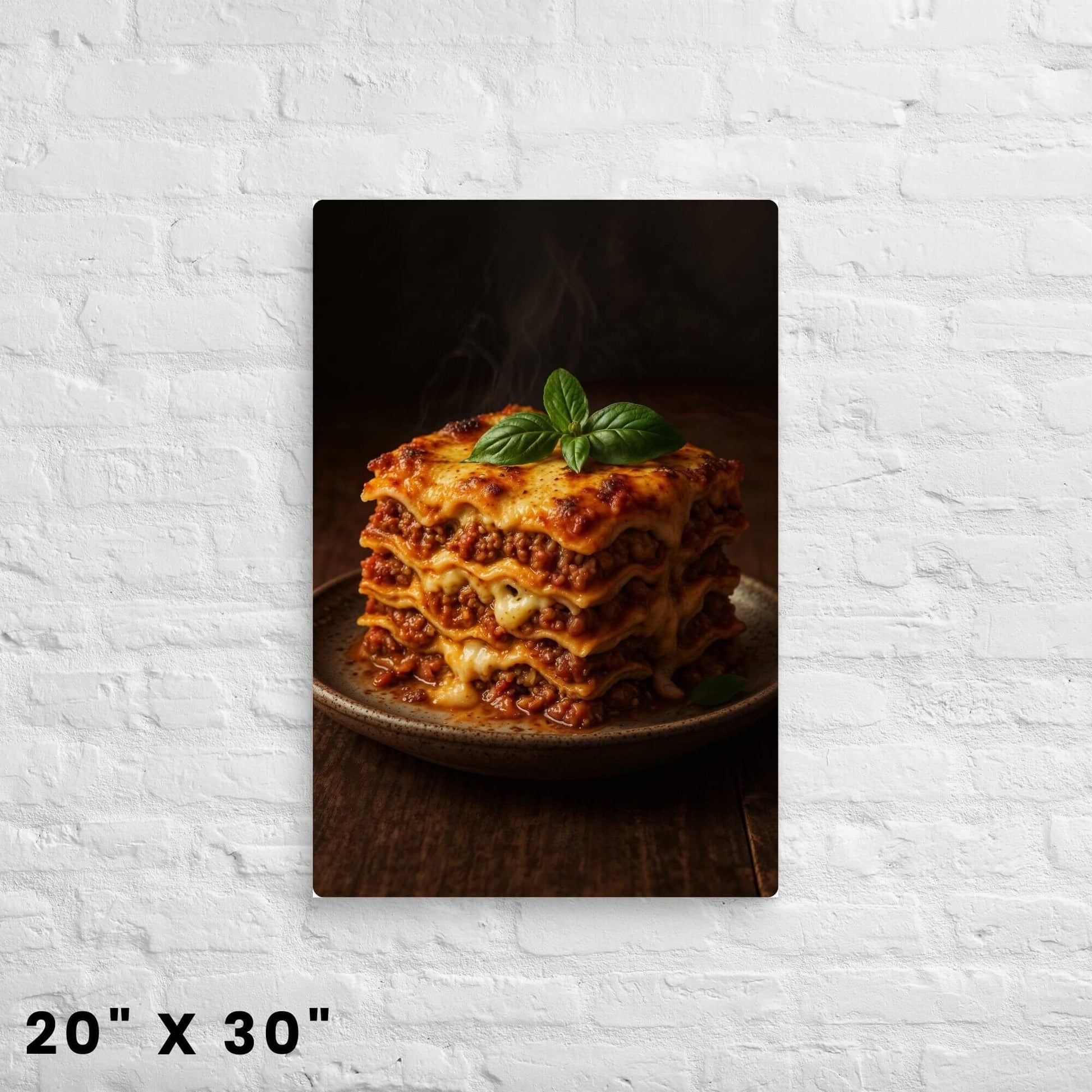 Food art canvas print sized 20x30 inches: close-up of a steaming lasagna on a plate, on a brick background.