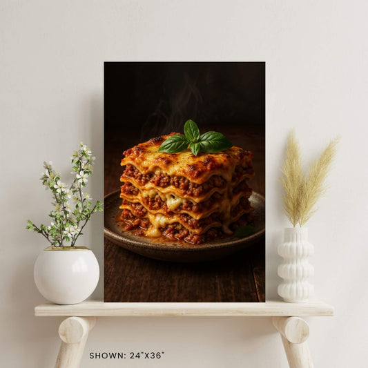 Lasagna canvas wall art (24x36 inches) for kitchen or dining room, featuring delicious Italian food.