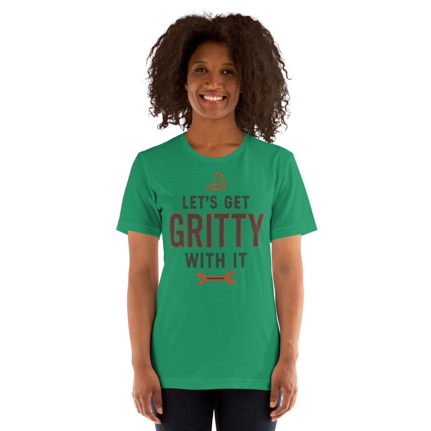 Young woman wearing lets get gritty custom t-shirt.