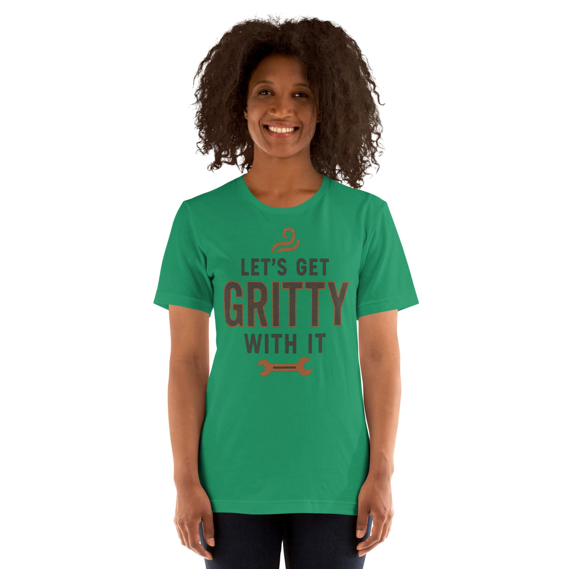 Young woman wearing lets get gritty custom t-shirt.