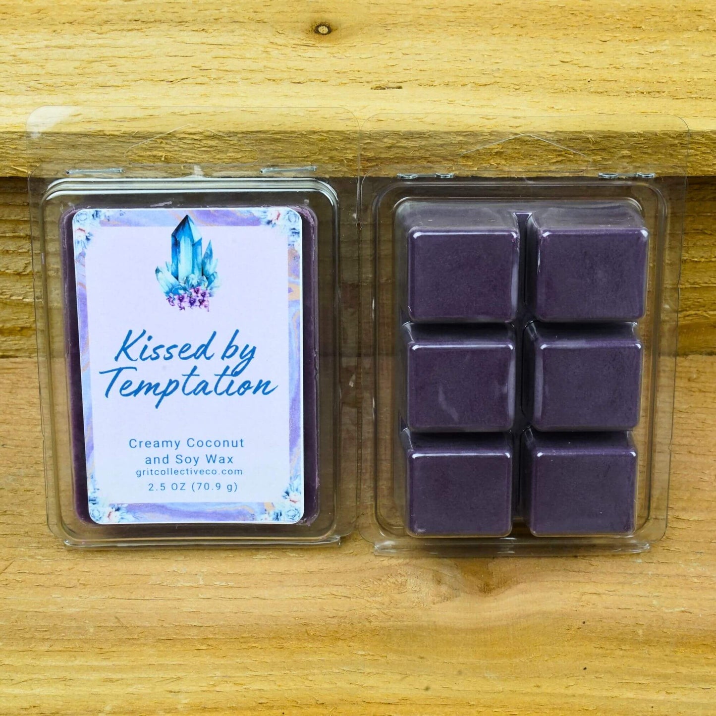 Kissed by Temptation scented creamy coconut and soy wax melts, 2.5 oz package with crystal graphic.