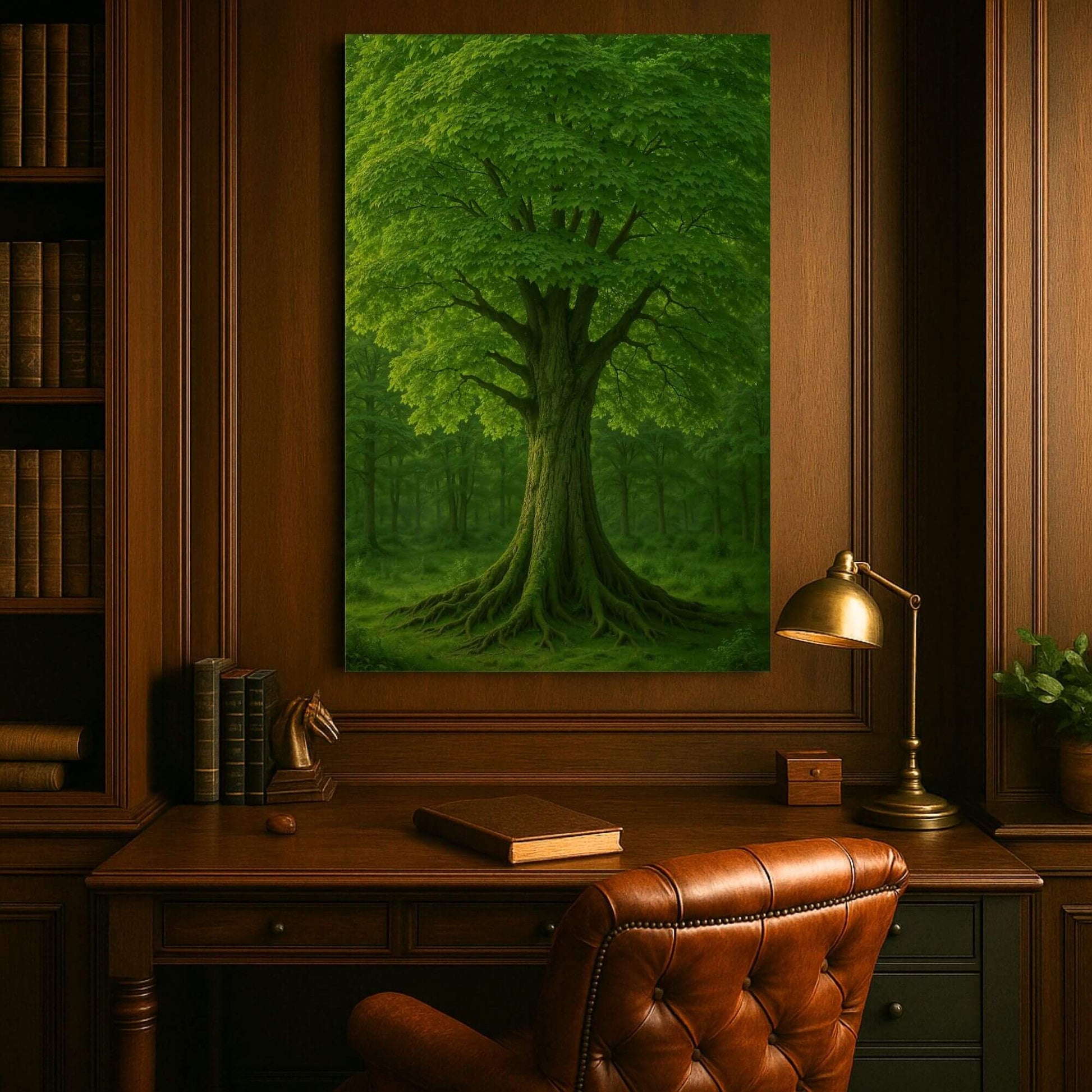 Large canvas print of a vibrant green tree with prominent roots in a forest setting, hanging on a
wood-paneled wall above a desk in an office with a lamp and books.