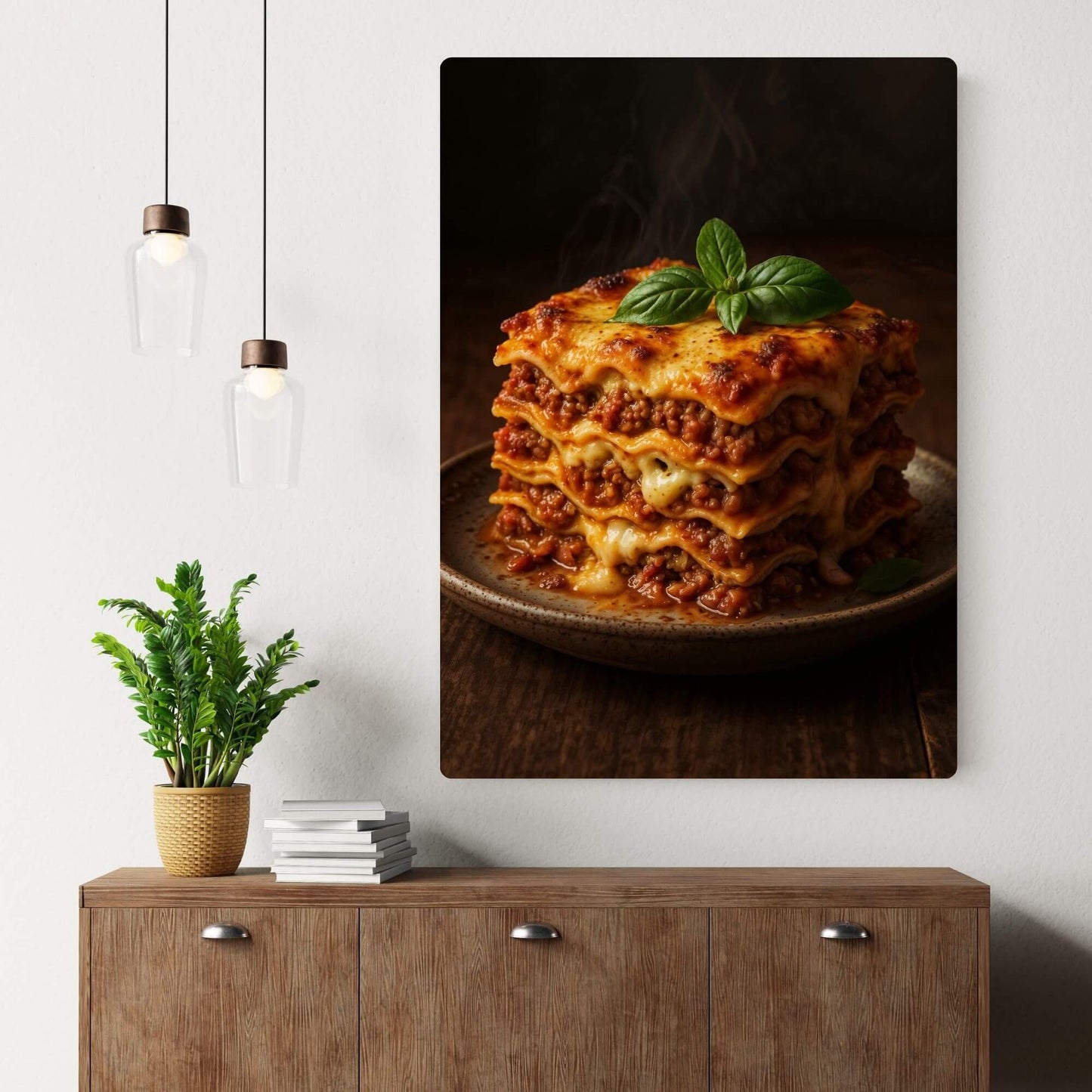 Lifestyle photo of a food art canvas print featuring layered lasagna, shown as home decor above a cabinet.