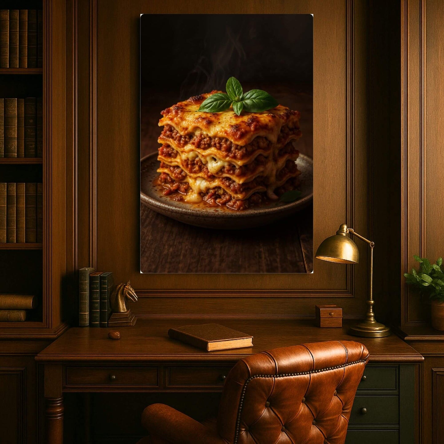 Food art canvas print: A savory lasagna dish with rich sauce and basil garnish.