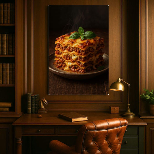 Food art canvas print: A savory lasagna dish with rich sauce and basil garnish.