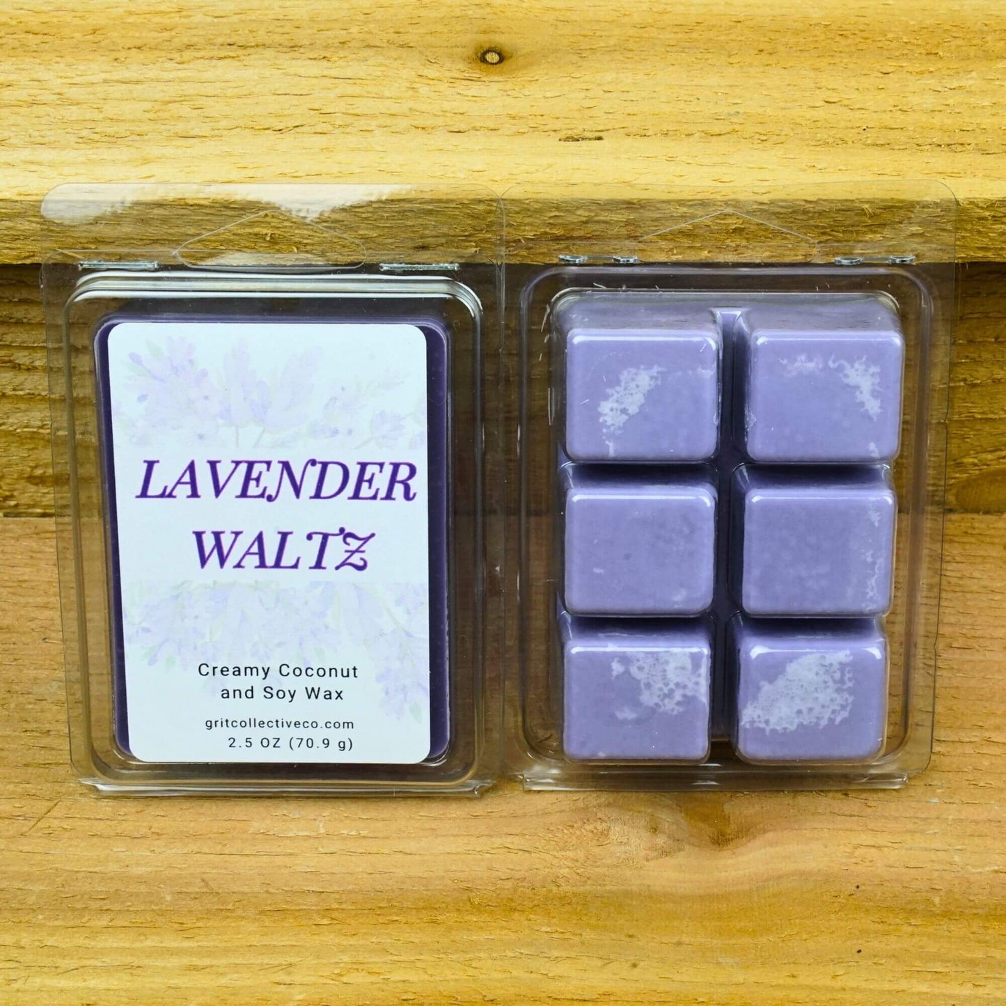 Lavender Waltz scented creamy coconut and soy wax melts, 2.5 oz package with floral graphic.
