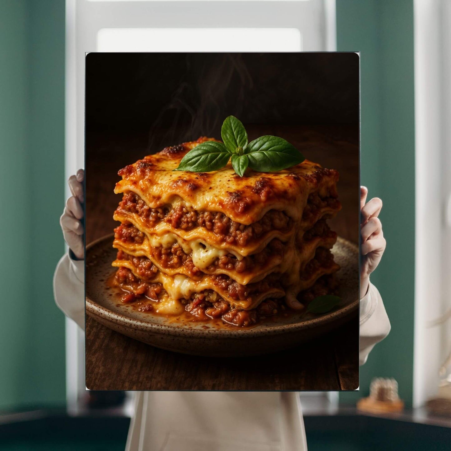 Lifestyle photo of a lasagna canvas print, perfect wall art for a kitchen or dining room.