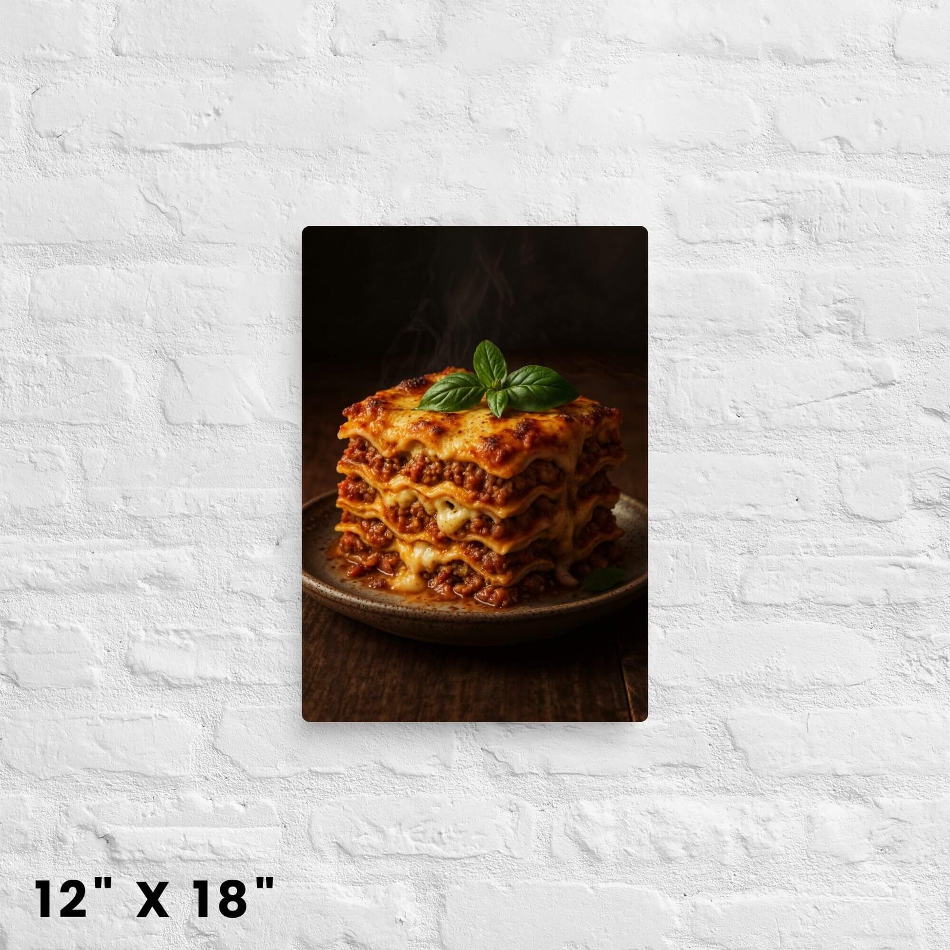 Food art canvas print sized 12x18 inches: close-up of a steaming lasagna on a plate, on a brick background.