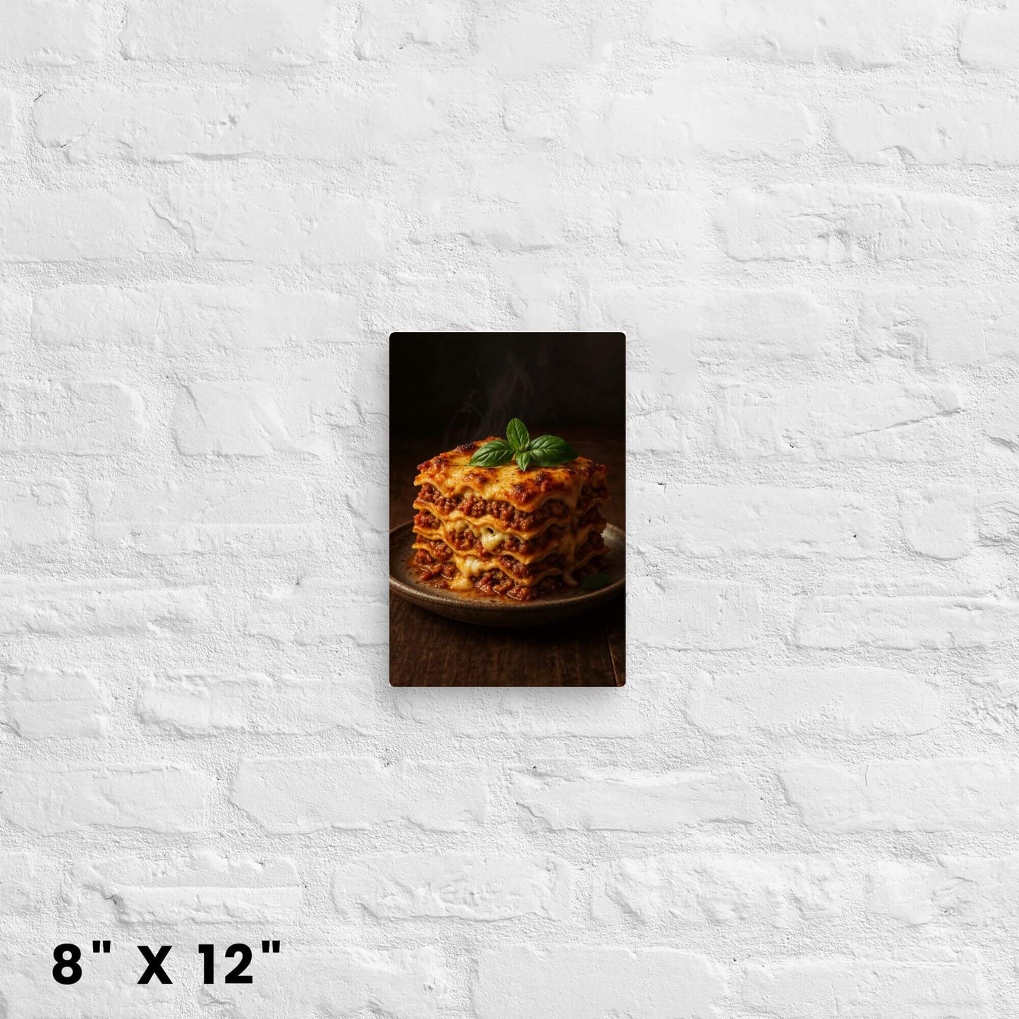 Lasagna canvas wall art (8x12 inches) featuring delicious Italian food, mounted on a brick wall.