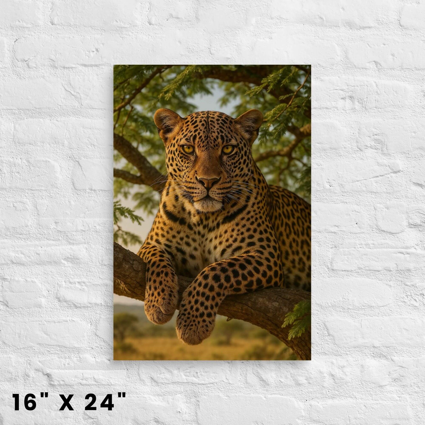 16 × 24-inch safari leopard lounging on a branch canvas print in warm earthy tones against a white-brick setting.
